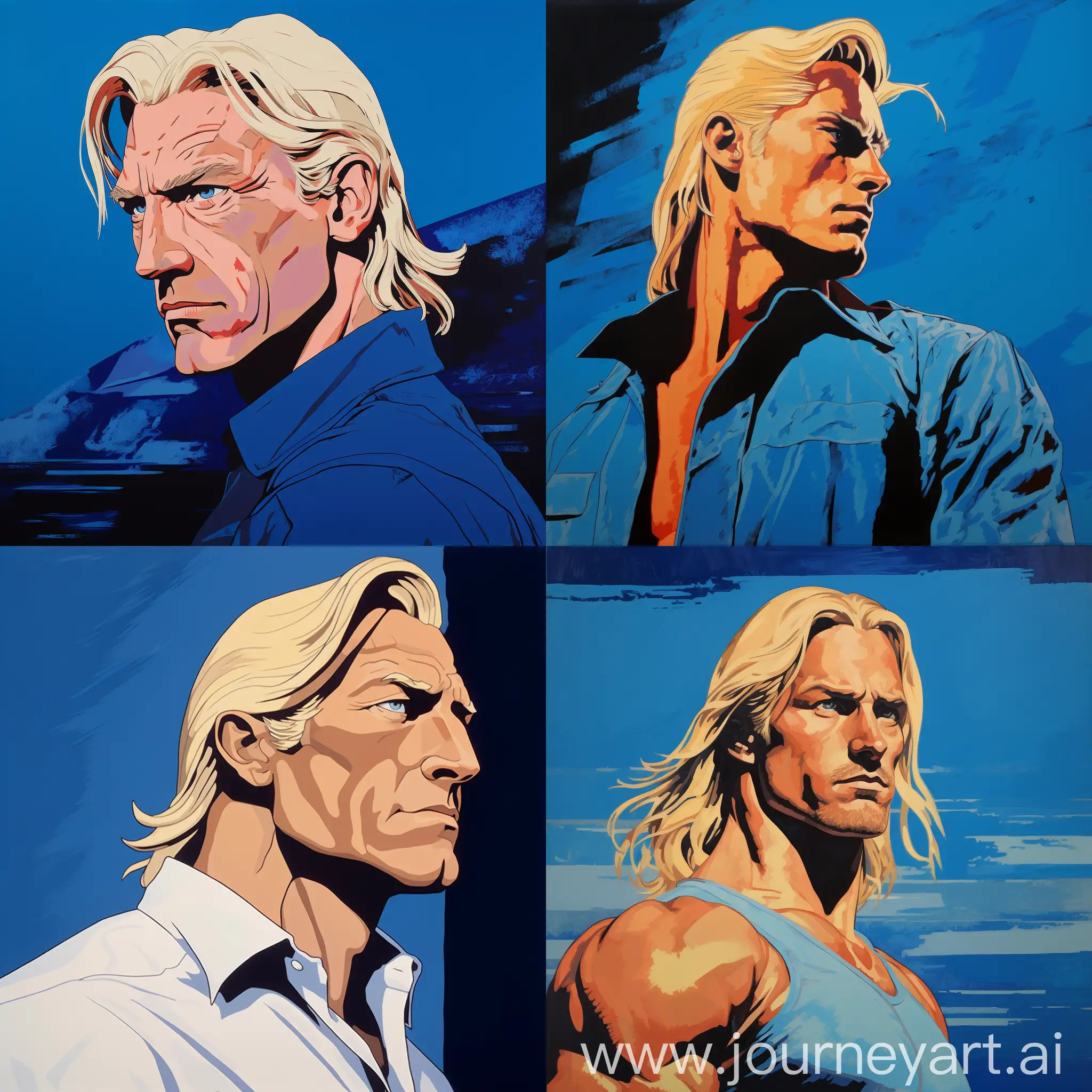 Fritz Scholder art style painting of Reiner braun character from attack on Titans with blonde hair as a 50 years old man muscle and big , alone as a profile picture. 8k , blue colours , --v 5.2 