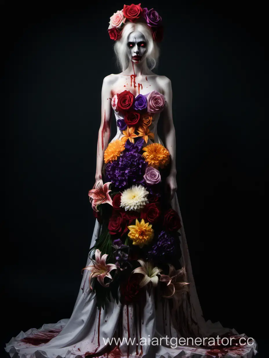Бледная женщина, с кровавым лицом, стоит в полный рост, её платье состоит из цветов разных цветов, роз, лилий, фиалок, хризантем, чёрный фон