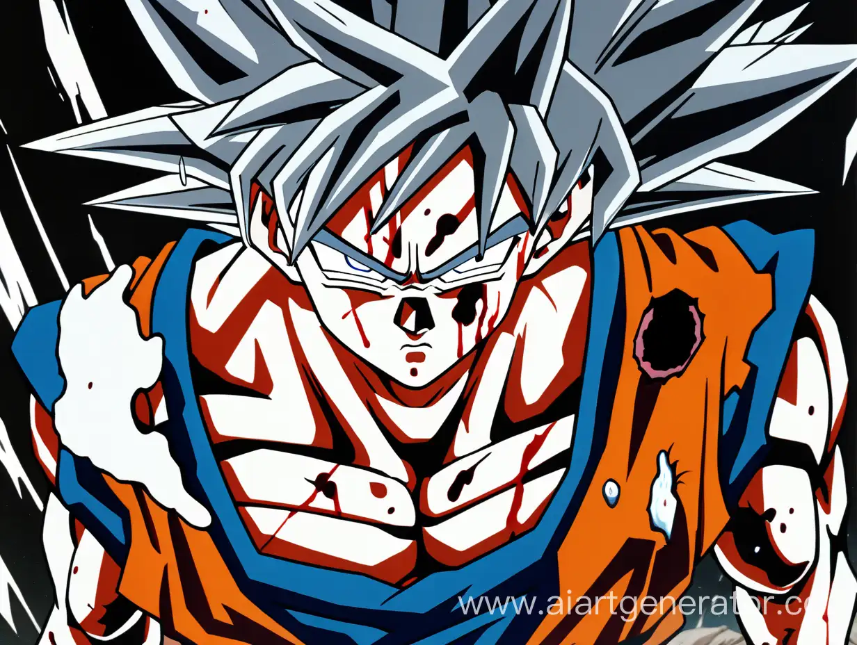 In this scene, Goku with his form called Mastered Ultra Instinct (grey eyes and grey hair) appears standing tall, though he is visibly injured and wearing damaged and bloody body. His face with blood bears a serious expression, reflecting the intensity of the battle he has just endured. However, Goku remains steadfast, refusing to yield even amidst the pain and exhaustion. 