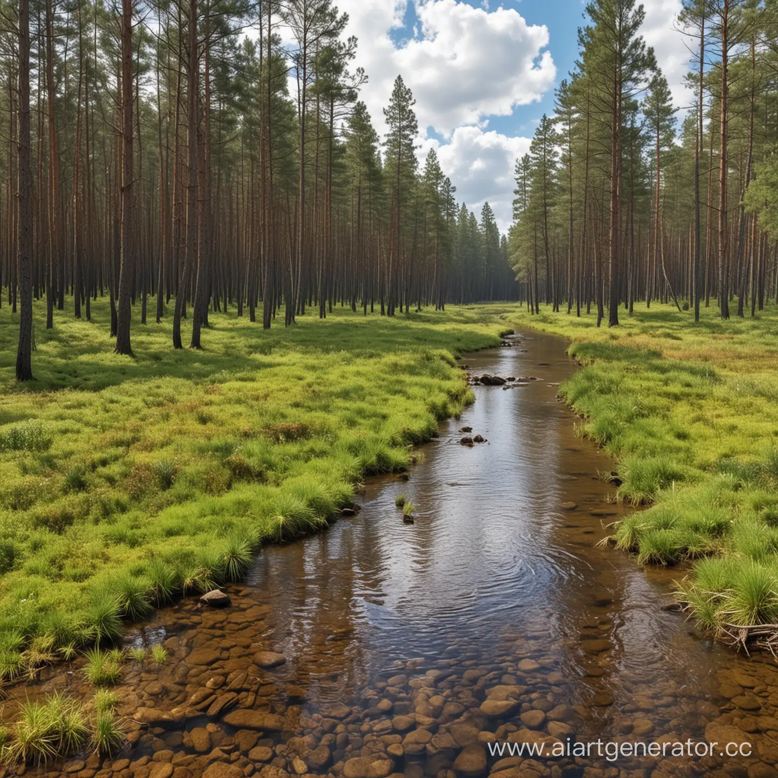 Sunny-Pine-Forest-with-Babbling-Brook-Under-Clear-Sky