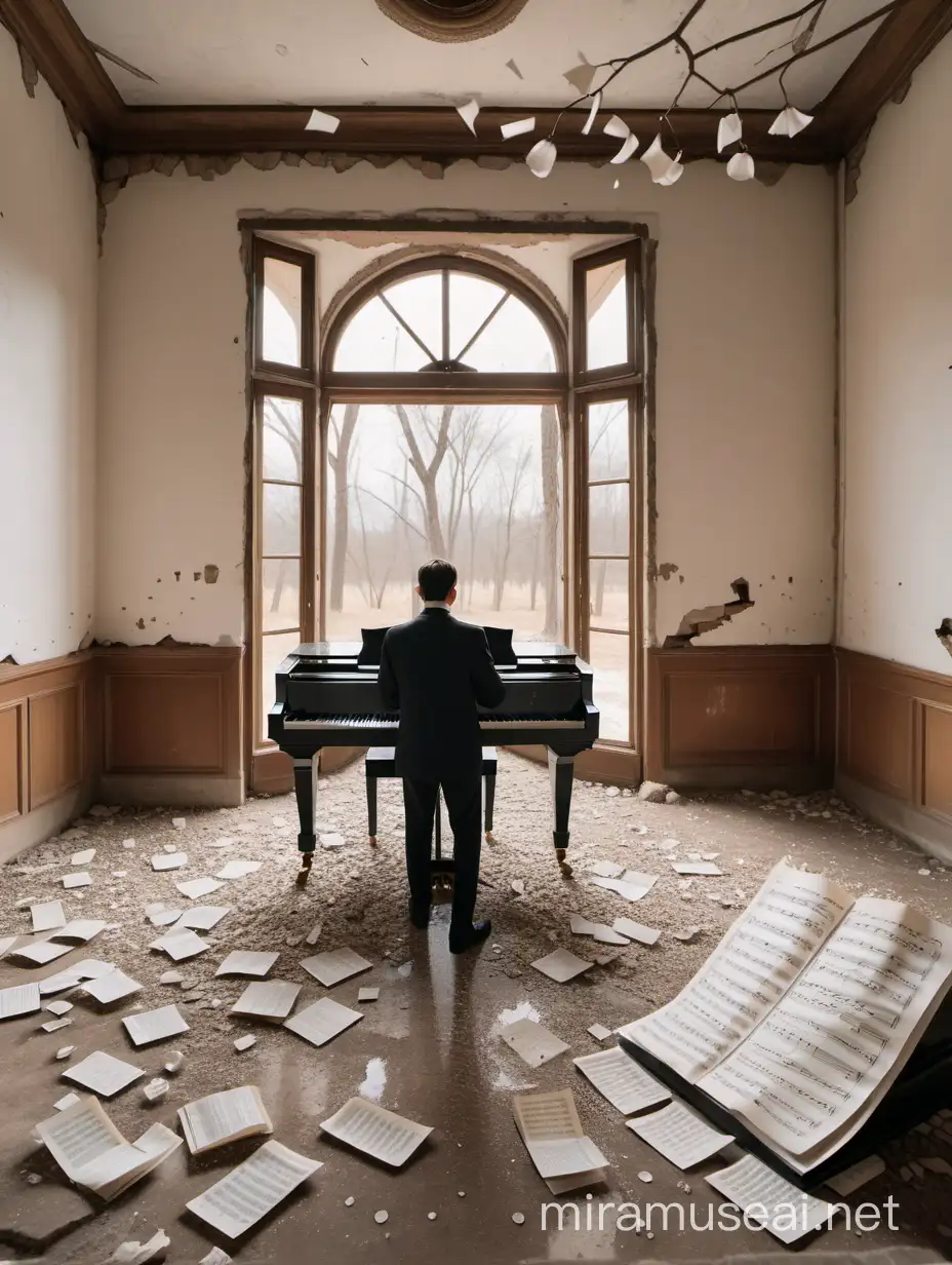 man in tuxedo playing piano inside a ruined house, sheet music scattered over floor, trees outside window, boy in another room listening, ear to wall