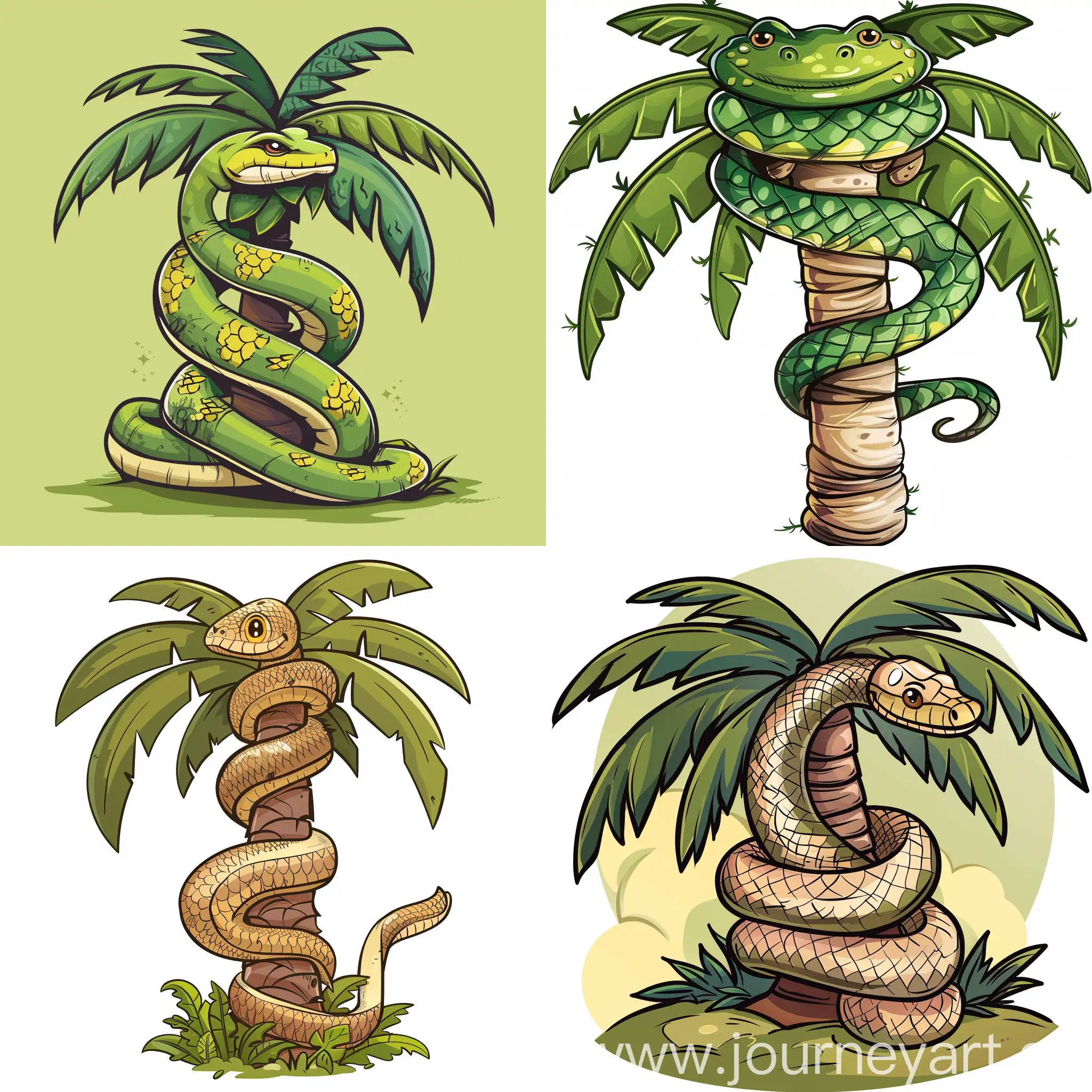 Cartoon-Python-Coiled-on-Tropical-Palm