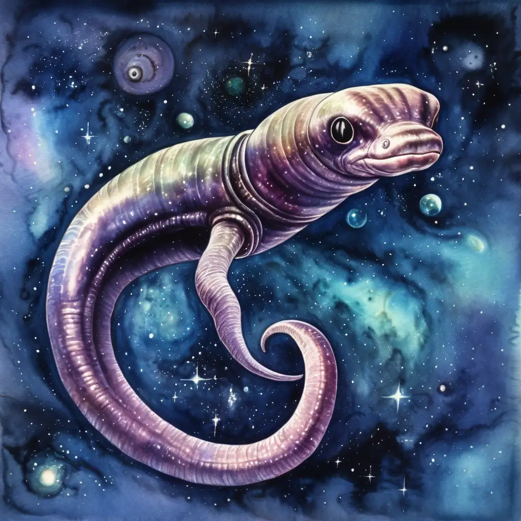 Enigmatic Space Eel in a Captivating Dark Watercolor Drawing