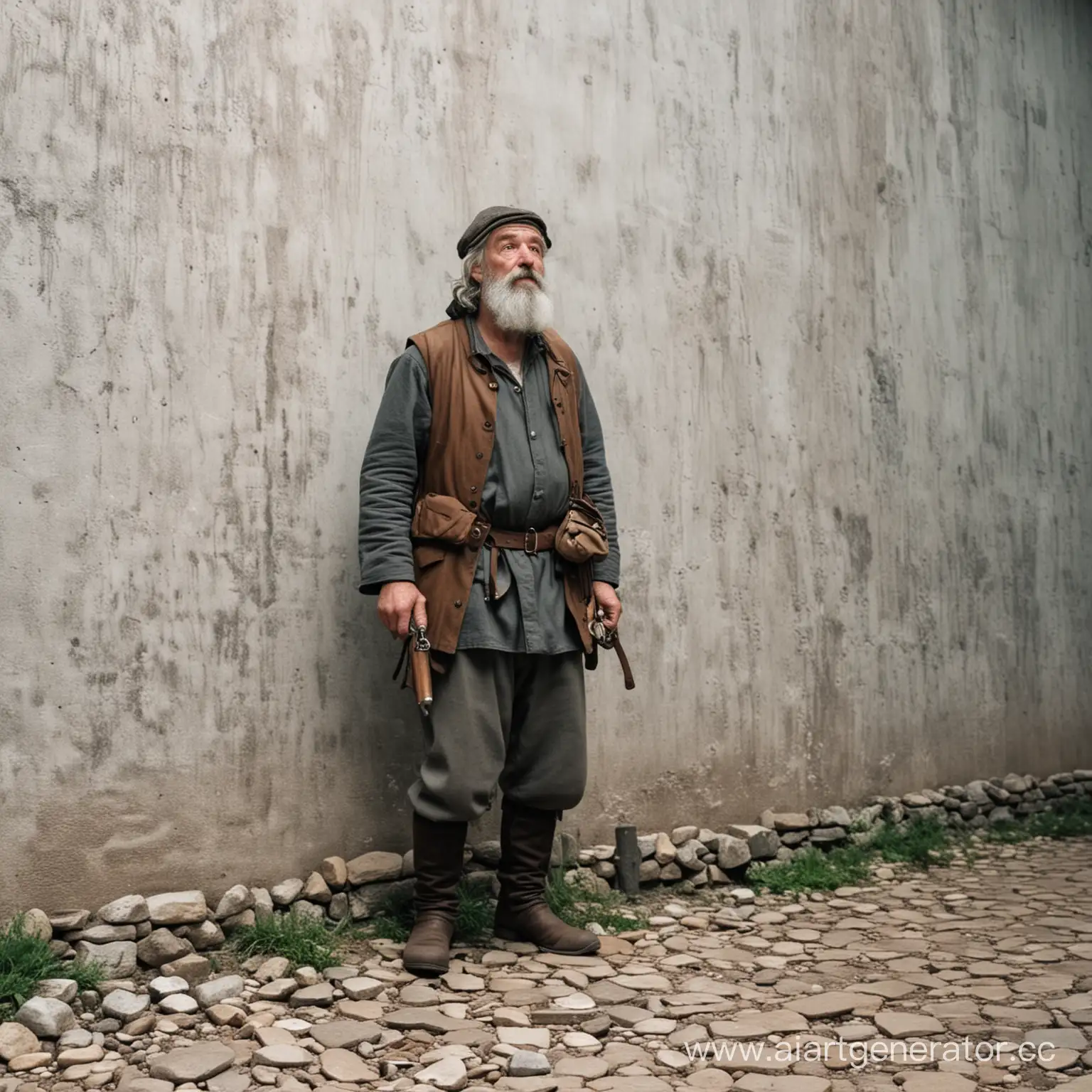 Rustic-Villager-Contemplating-Life-by-Stone-Wall