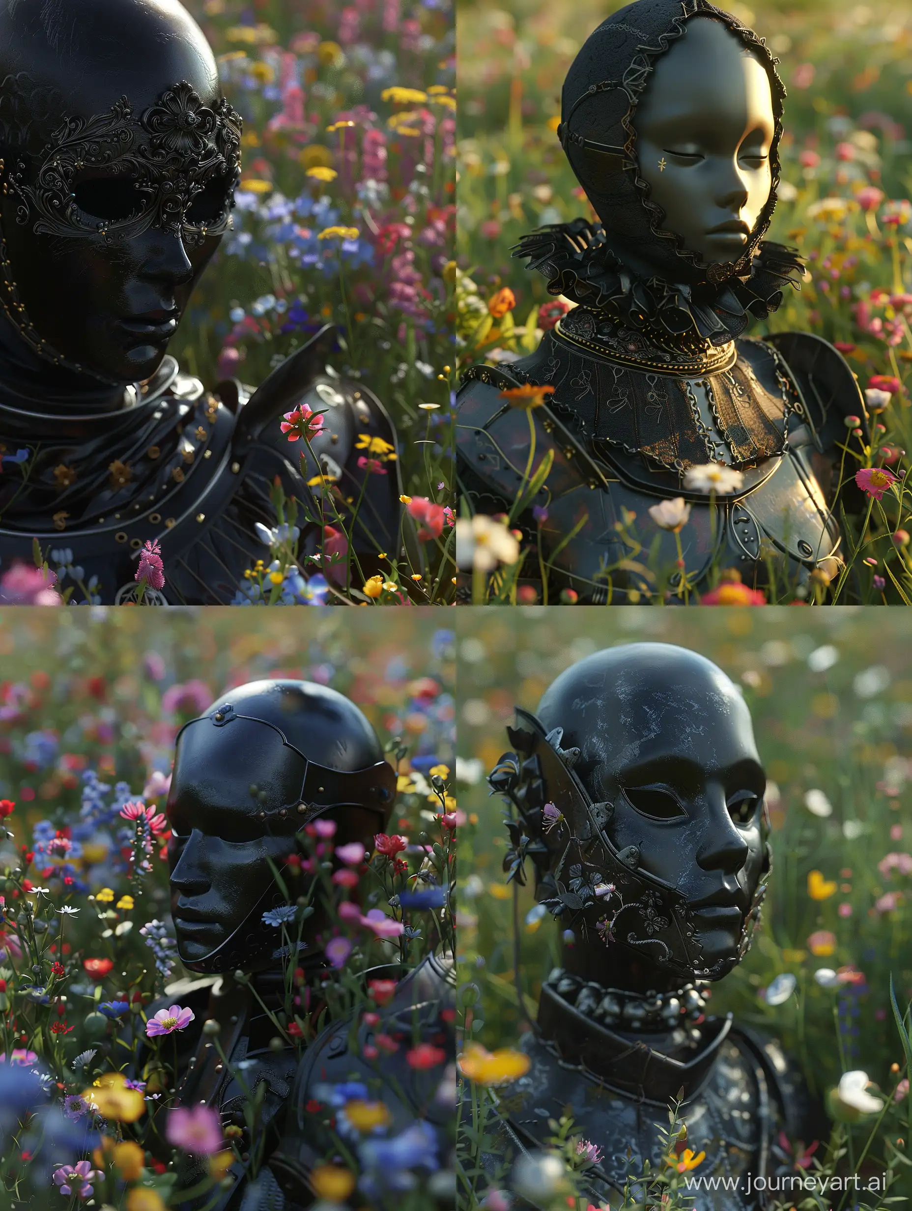 a close up of a mannequin in a field of flowers, a picture, by Robert Brackman, cg society contest winner, renaissance, black pulcinella mask, film still from horror movie, victorian armor, 4k symmetrical portrait