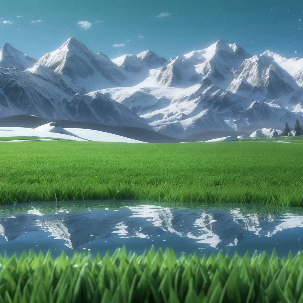 mountains in the background with snow on them, green grass in the foreground and floating mountains in the distance 