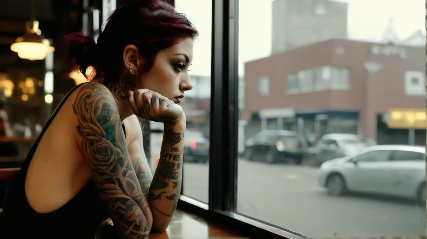 Lonely Girl with Tattoos Contemplating Life in a Cozy Bar