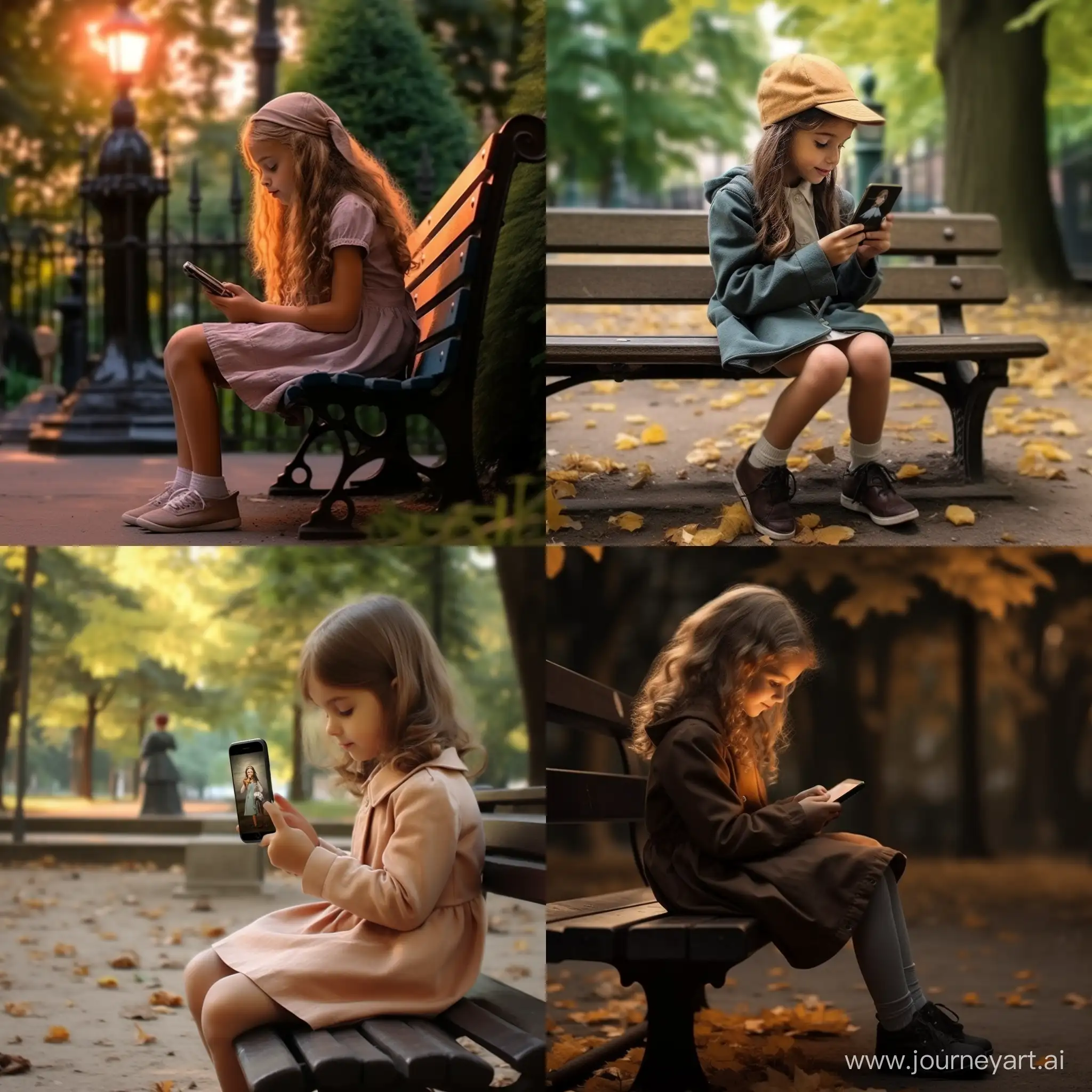 Curious-Little-Girl-Enjoying-Nature-on-Park-Bench-with-Smartphone