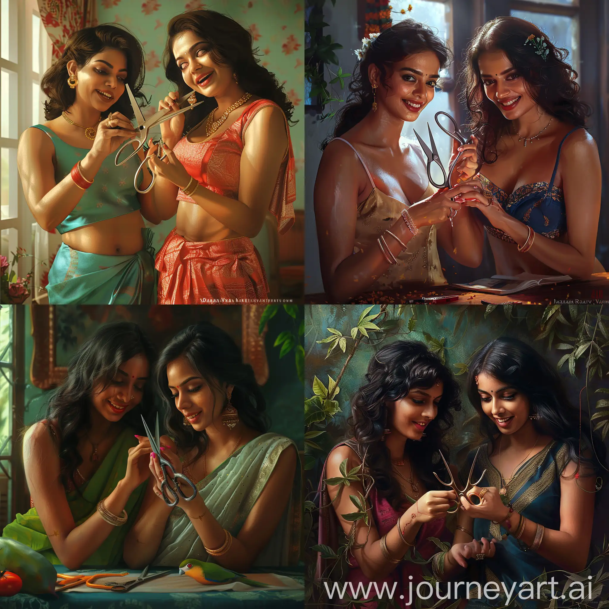 two women playing with scissors in a cute playful way, curvy, beautiful, Malayali women, by Raja Ravi Varma, hyperrealistic, photorealistic, HD 4k