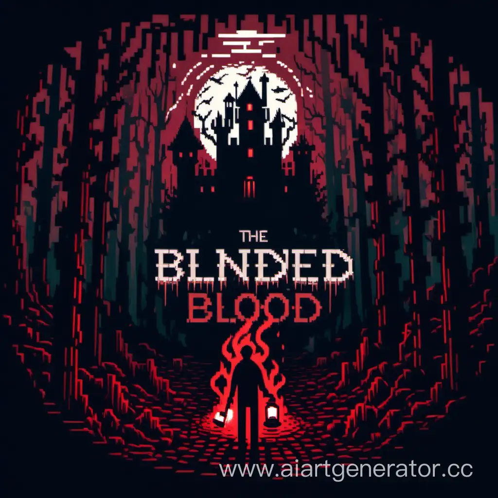 a minimalistic horror logo of the game called "Blended blood" in pixel style with blood and a man holding a kerosene lamp in his hands against the background of a terrible forest and going to a terrible abandoned castle in the depths of the forest
