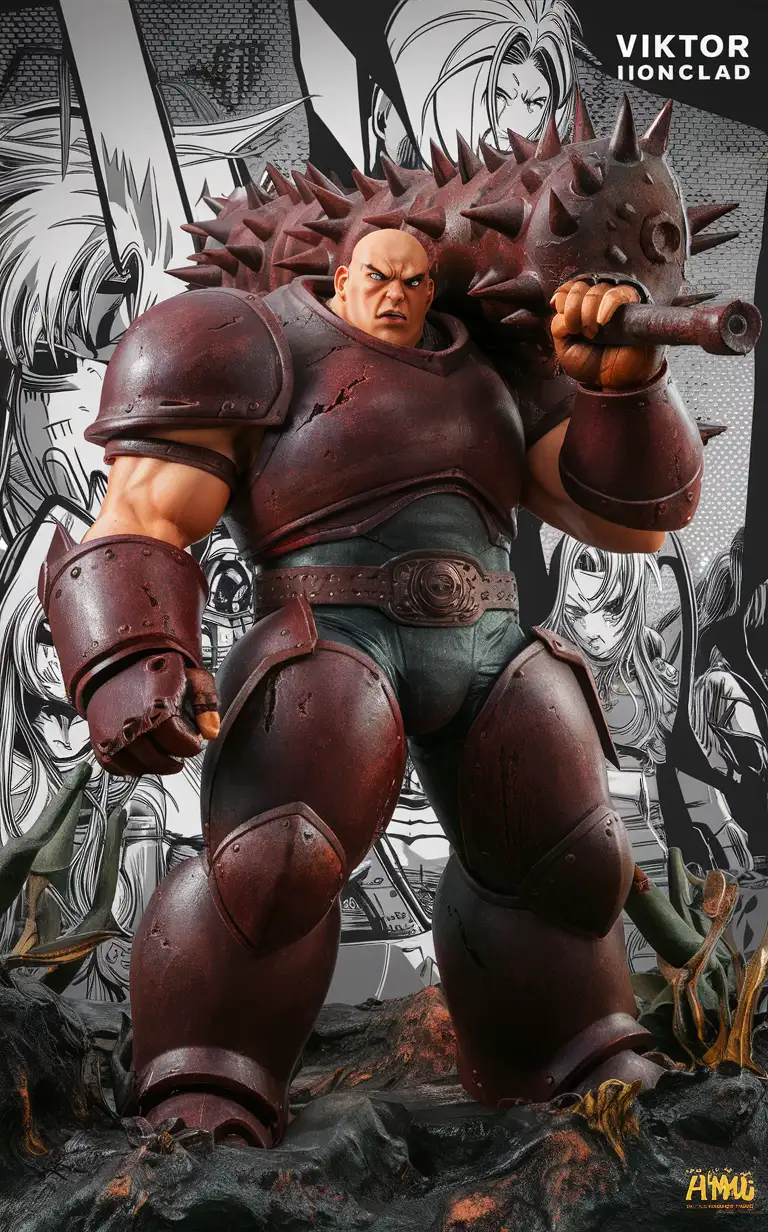 in a complex background close-full-body figurine of Viktor Ironclad(This figurine features Viktor Ironclad, the towering hero clad in rusted armor. With a height of 6 inches, it captures the imposing presence of the character, wielding a massive spiked club ready for battle. The figurine is meticulously crafted from high-quality resin, ensuring durability and intricate detail. From the intricate etchings on the armor to the determined expression on Viktor's face, this figurine is a must-have for any collector of heroic artifacts.), Prominent eyes, complex background, Figurine, anime, vector, anime style, slick bold design, clean, glossy lines, gloss finish, Zombie Apocalypse aesthetic, impeccable detail, awesome visual impact, endowed with gloss finish, bathed in volumetric lighting, refined by Add_Details_XL-fp16 algorithm, 4D octane rendering, infused with global illumination and precise line art, softened through macros, executed with V-Ray, epitome of visionary art, nuanced by elegant perfectionism and pop art consumerism, infused, aw0k euphoric style --niji 50 --auto --s2 --testp --chaos 50