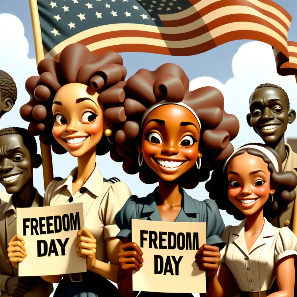 Cheerful African American Activists Celebrating Freedom Day with a Vibrant Sign