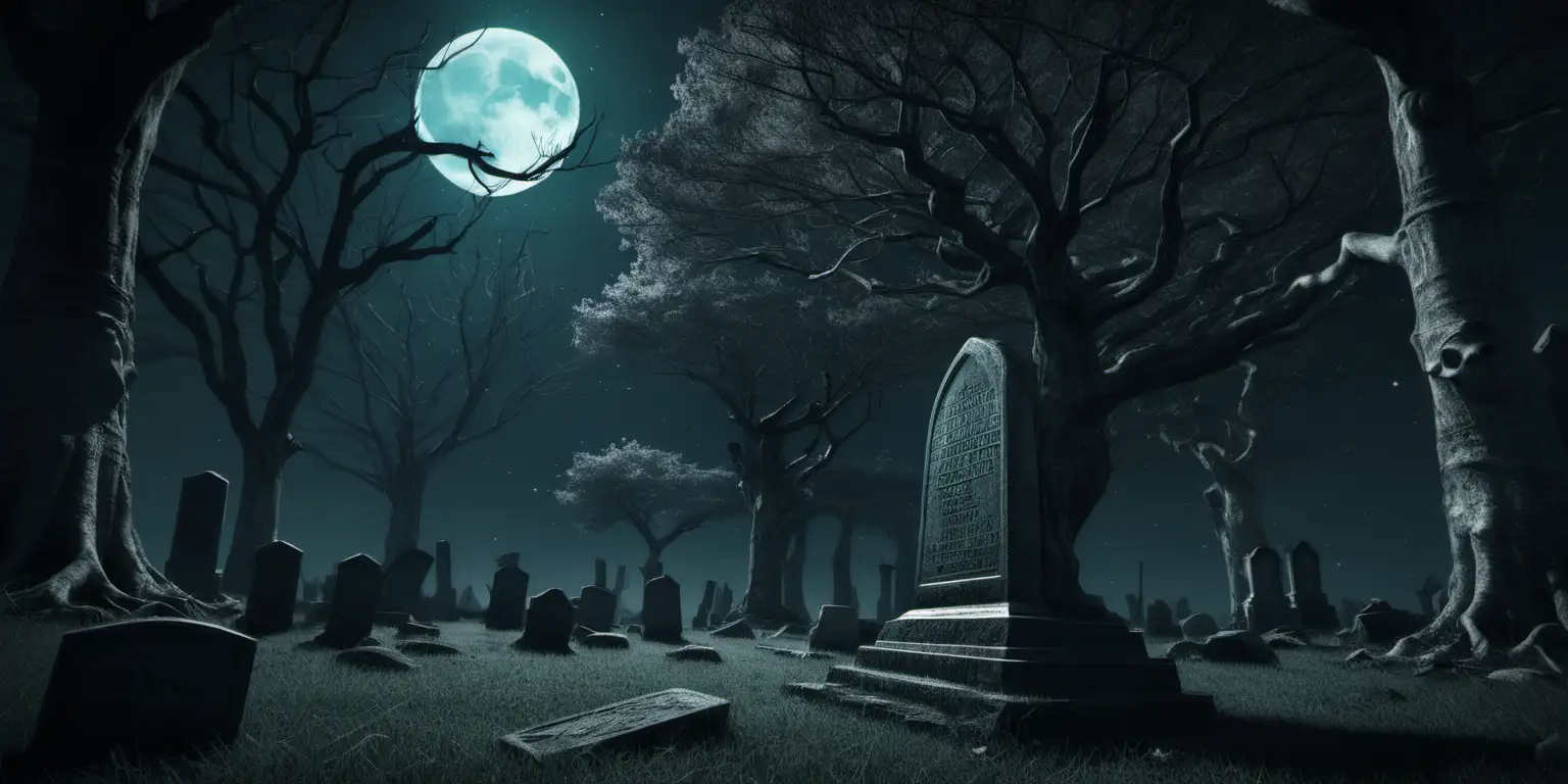Moonlit Tombstone in Ancient Grove Haunting Nighttime Scene