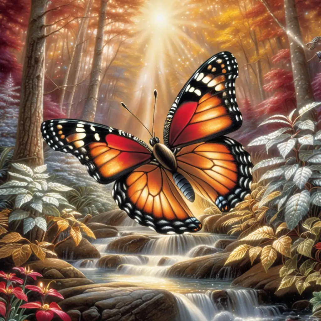 Enchanting Butterfly in a Radiant Forest Red Black and White Color Splash