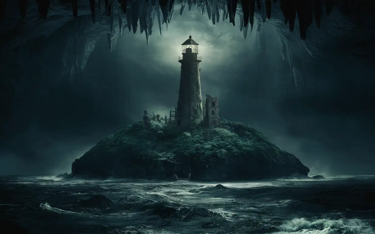 lighthouse on a big overgrown island amidst a vast dark ocean in a colossal underground cavern, deep, underground, horror, cavern ceiling is very high 