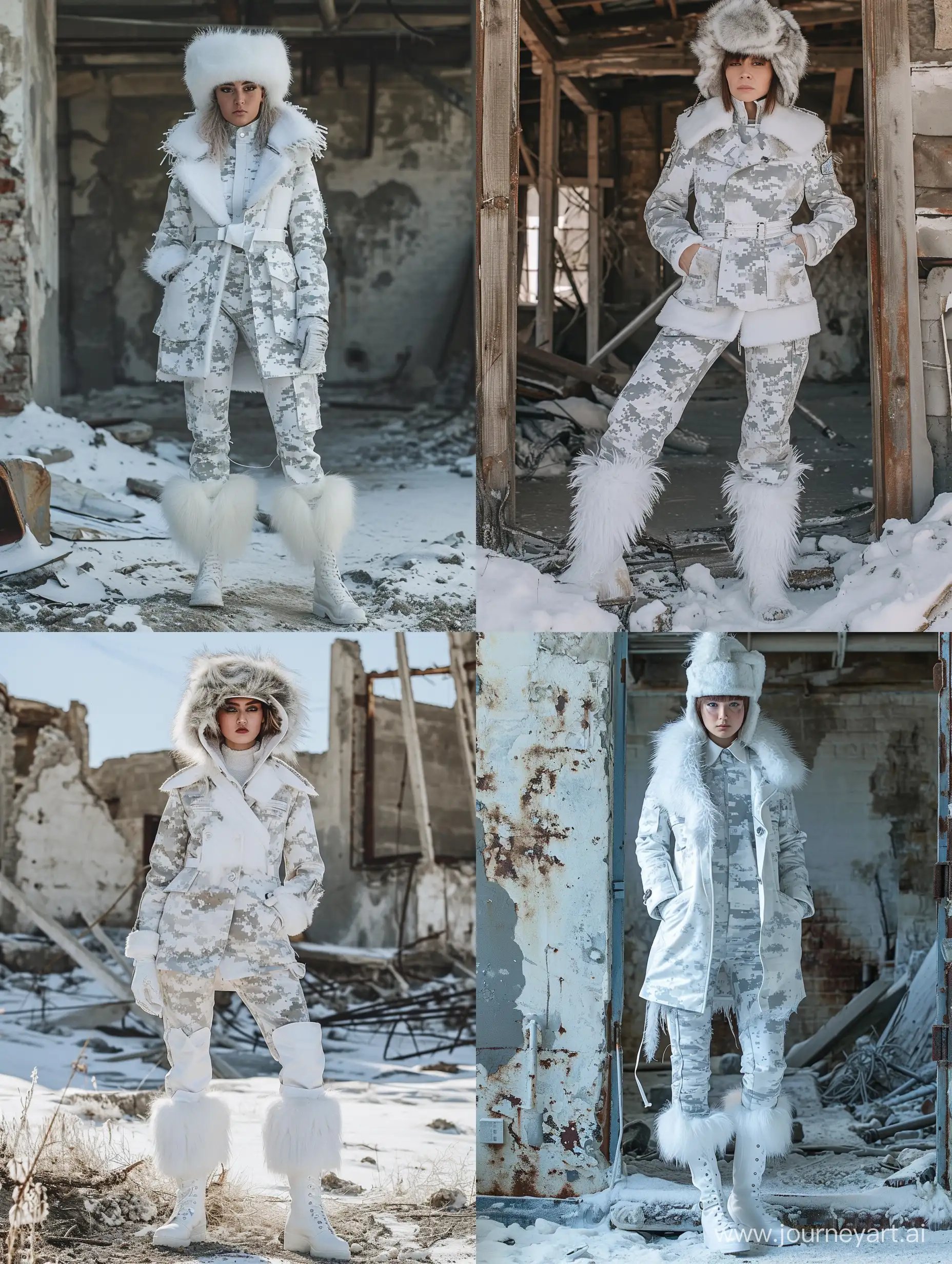 Post-Apocalypse tomboy in uniform, transgender 35-year-old, woman in a post-apocalyptic setting, dressed in a  white snow camouflage military uniform with fur  hat,  white  Wool Overcoat, white  fur pants and white   fur boots, solo, without weapon  --v 6
