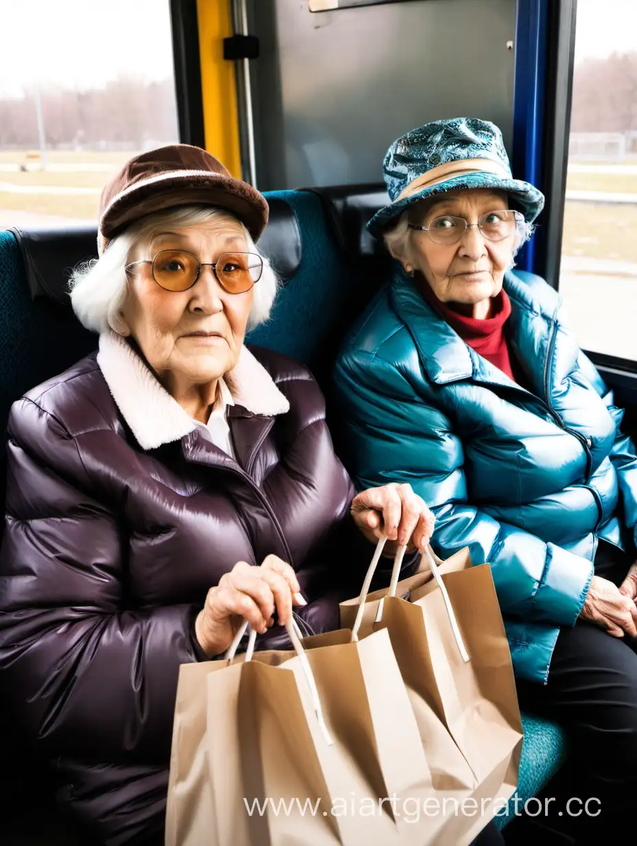 Две бабушки дачницы в куртках едут в автобусе сидя на сидениях. У одной бабушки очки и шляпка. Рядом с бабушками сумки