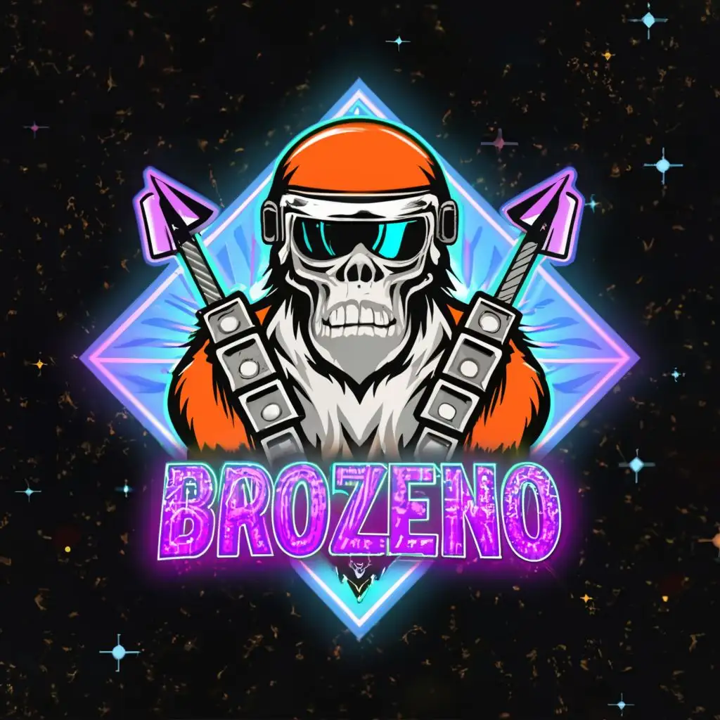 logo, Skull, astronaut gorilla with crossed axes behind, neon colors in space, with the text "Brozeno", typography