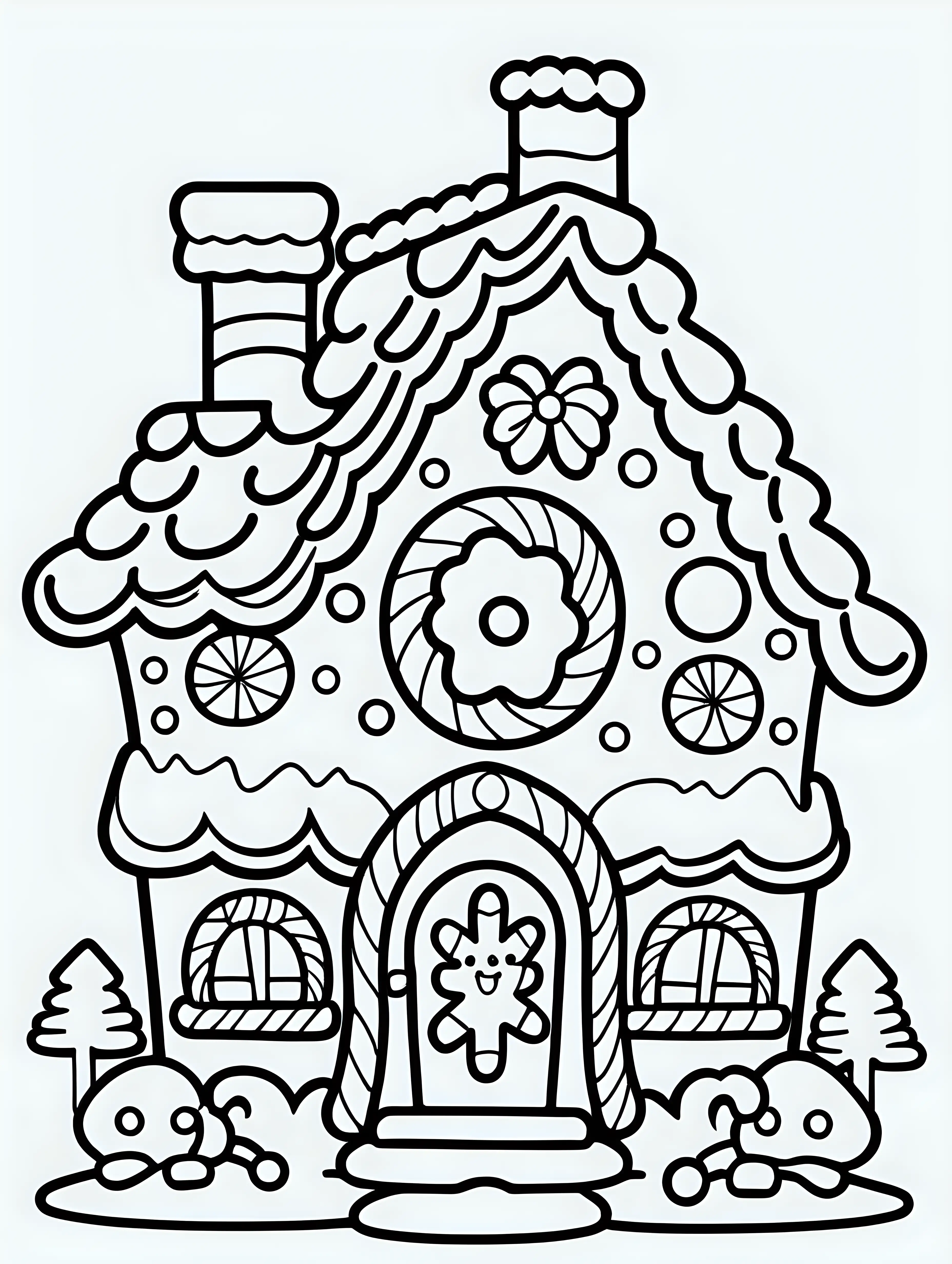 coloring book, cartoon drawing, clean black and white, single line, white background, large cute gingerbread house, emoji