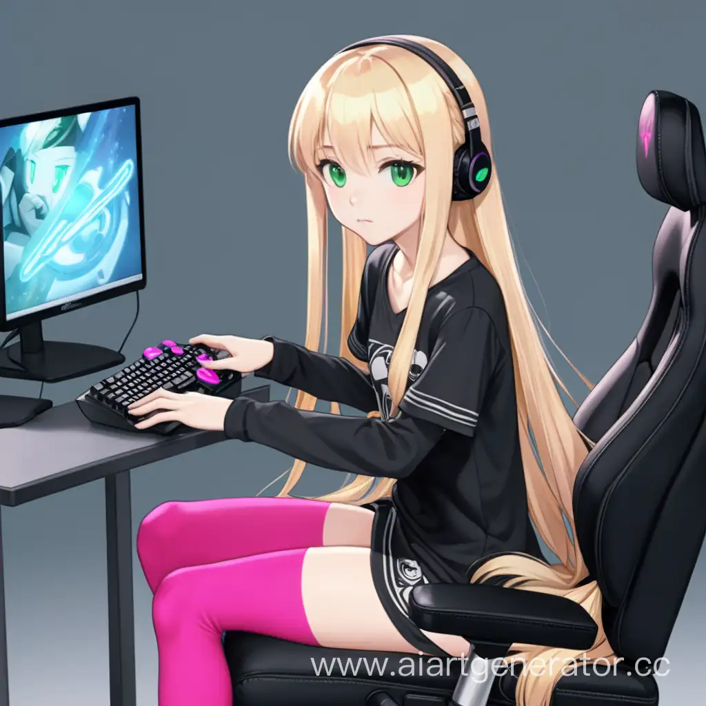 a short girl with long straight blond hair and green eyes is sitting on a gaming chair and playing computer games, she was wearing a black long T-shirt and pink stockings, she looks embarrassed, anime style, romantic atmosphere.