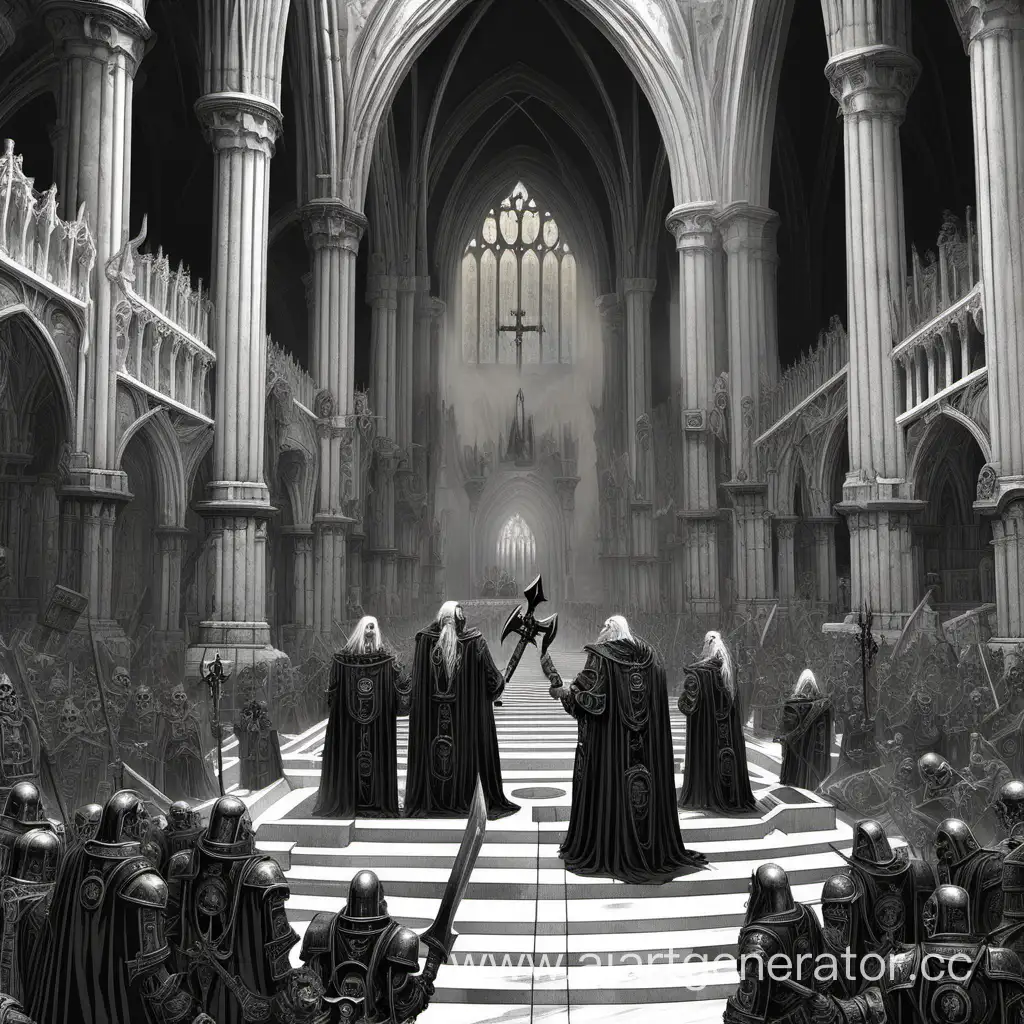 Place - warhammer 40000 Cathedral,  two men near the altar, One man is white-skinned and holds an ax near second's neck, Second man is abbat and he is surprized, Setting warhammer 40k