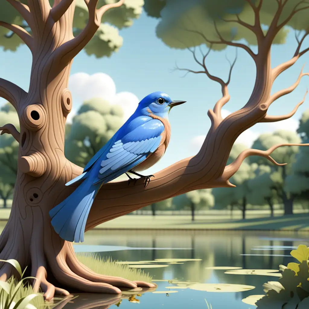 an illustration A blue bird sitting in a large oak tree. There is a pond behind the tree and a woods in the distance