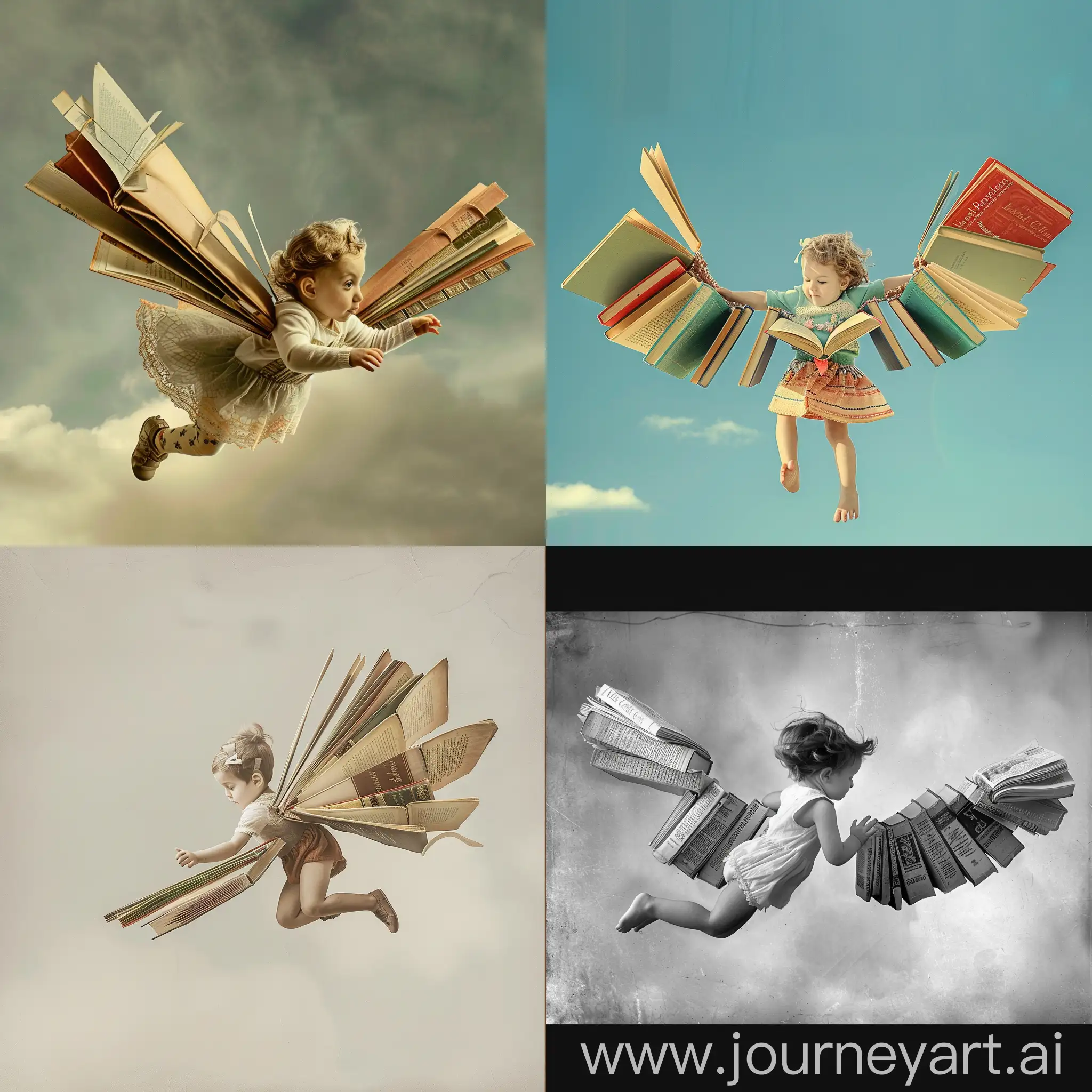 Child flying with wings made with books