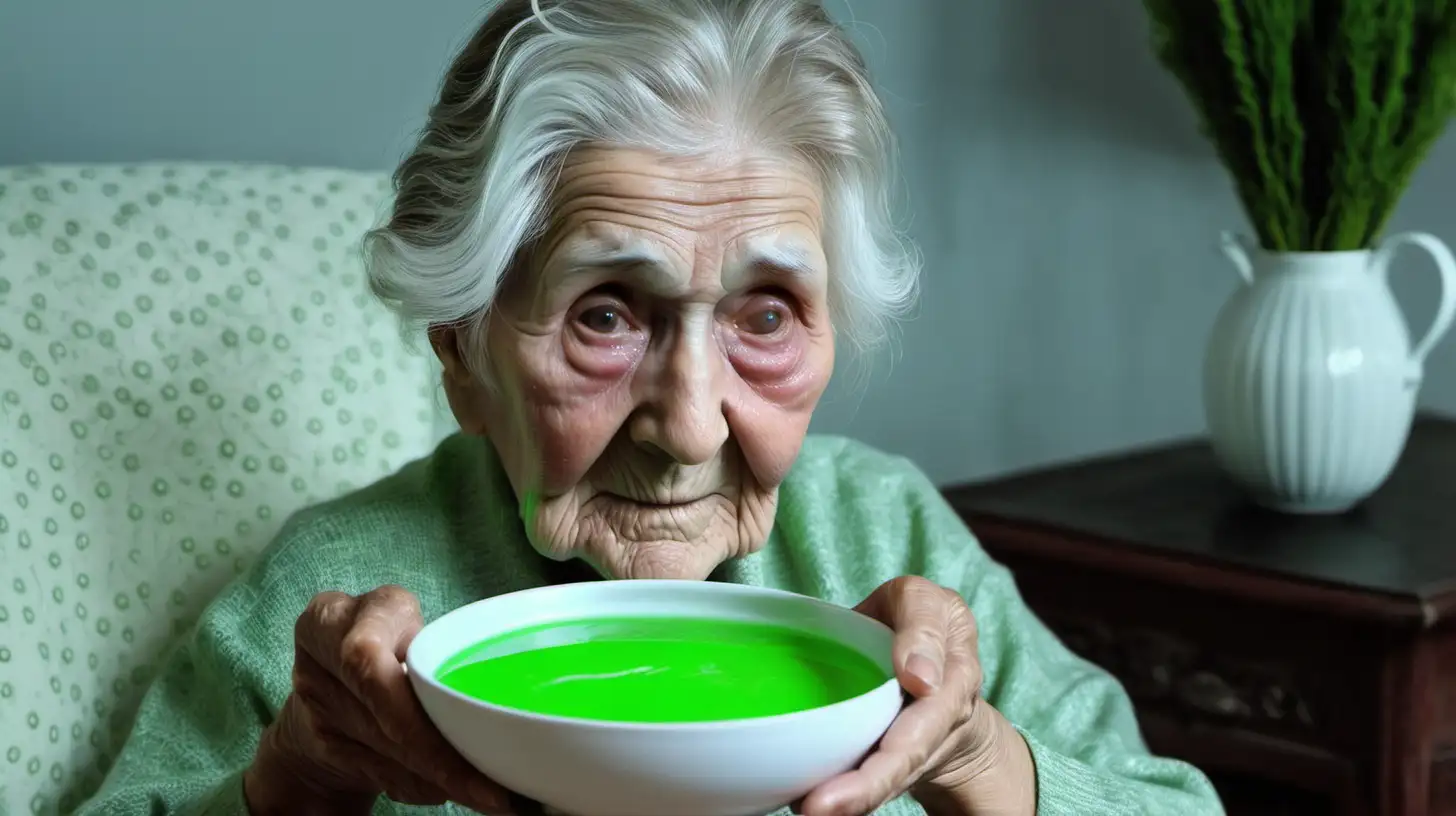 old woman grandma holding a white small bowl with green liquid on the living room. Show the old woman face.