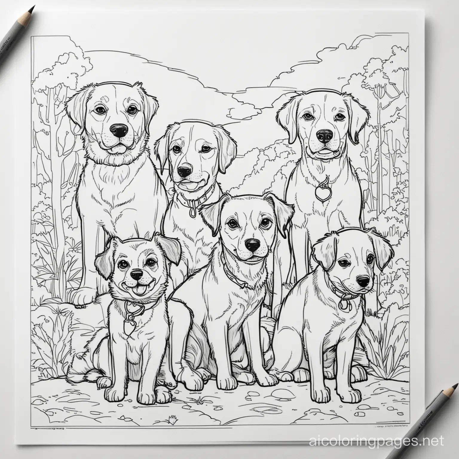 Dogs outside, Coloring Page, black and white, line art, white background, Simplicity, Ample White Space. The background of the coloring page is plain white to make it easy for young children to color within the lines. The outlines of all the subjects are easy to distinguish, making it simple for kids to color without too much difficulty