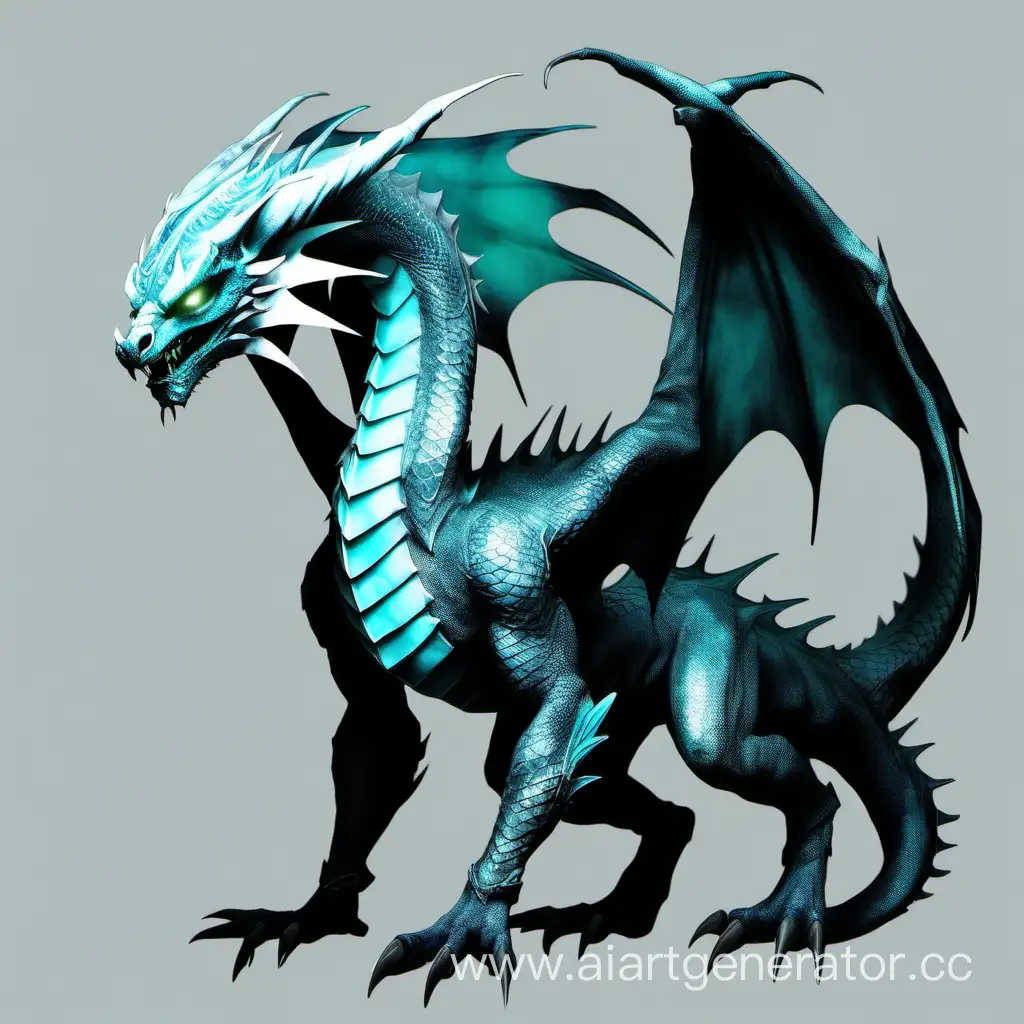 dragon, drake, no wings, gray body with dark gray spots, black front legs with cyan claws, gray hind legs, tail, two dark gray spikes at the end of the tail, cyan and dark gray mane, white masquerade mask, mask with horns, cyan eyes, ghostly translucent hands fly around