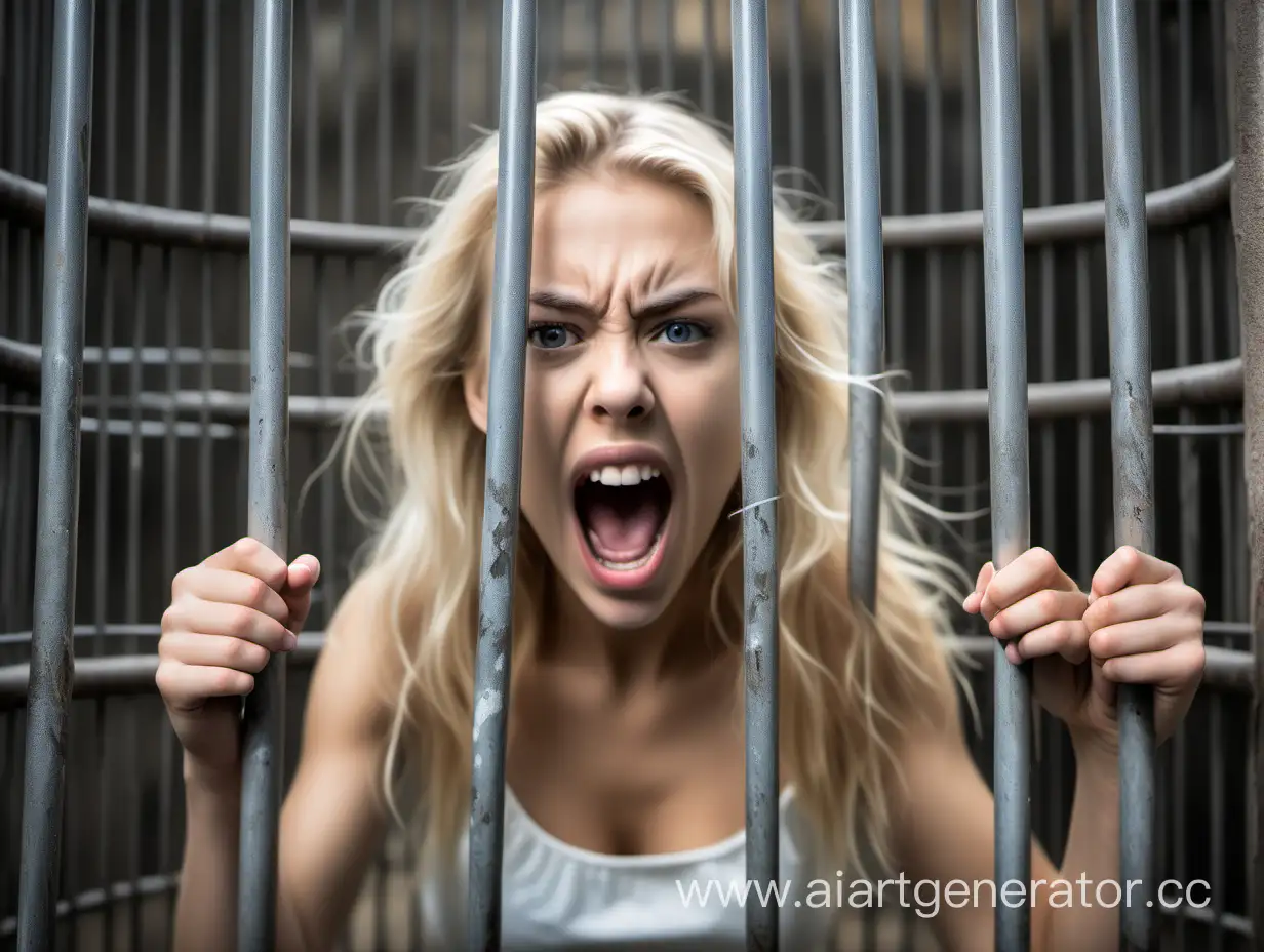 high quality digital photo graph, zoo cage back ground, a beautiful  blonde girl, standing behind the cage bars, she is screaming, wide
