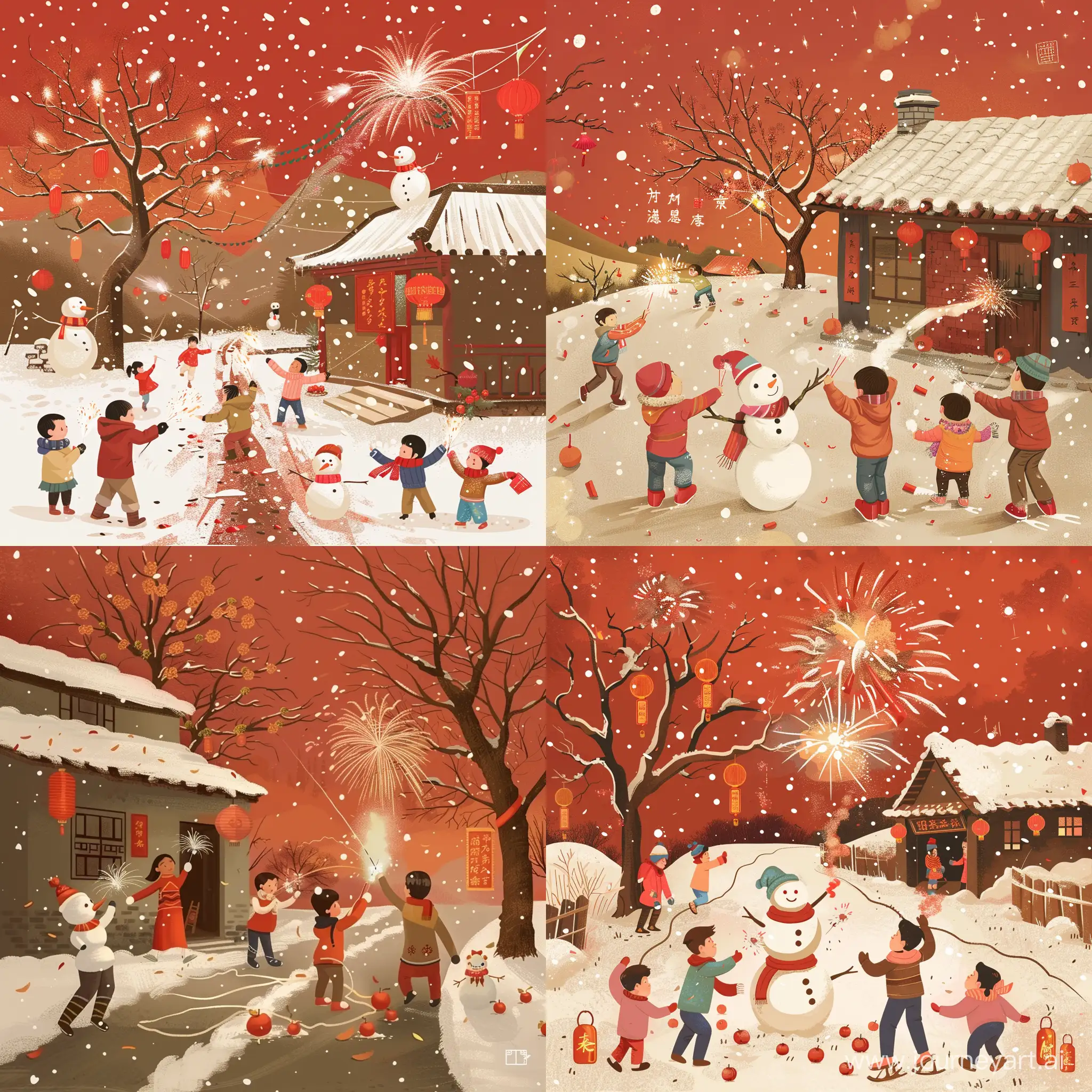 现代插画场景，中国孩子和父母在乡村道路上放烟花，下雪，带围巾的雪人，柿子树，房子上挂的红灯笼和中国对联，动态pose，高画质，超细节，矢量插画，红色背景