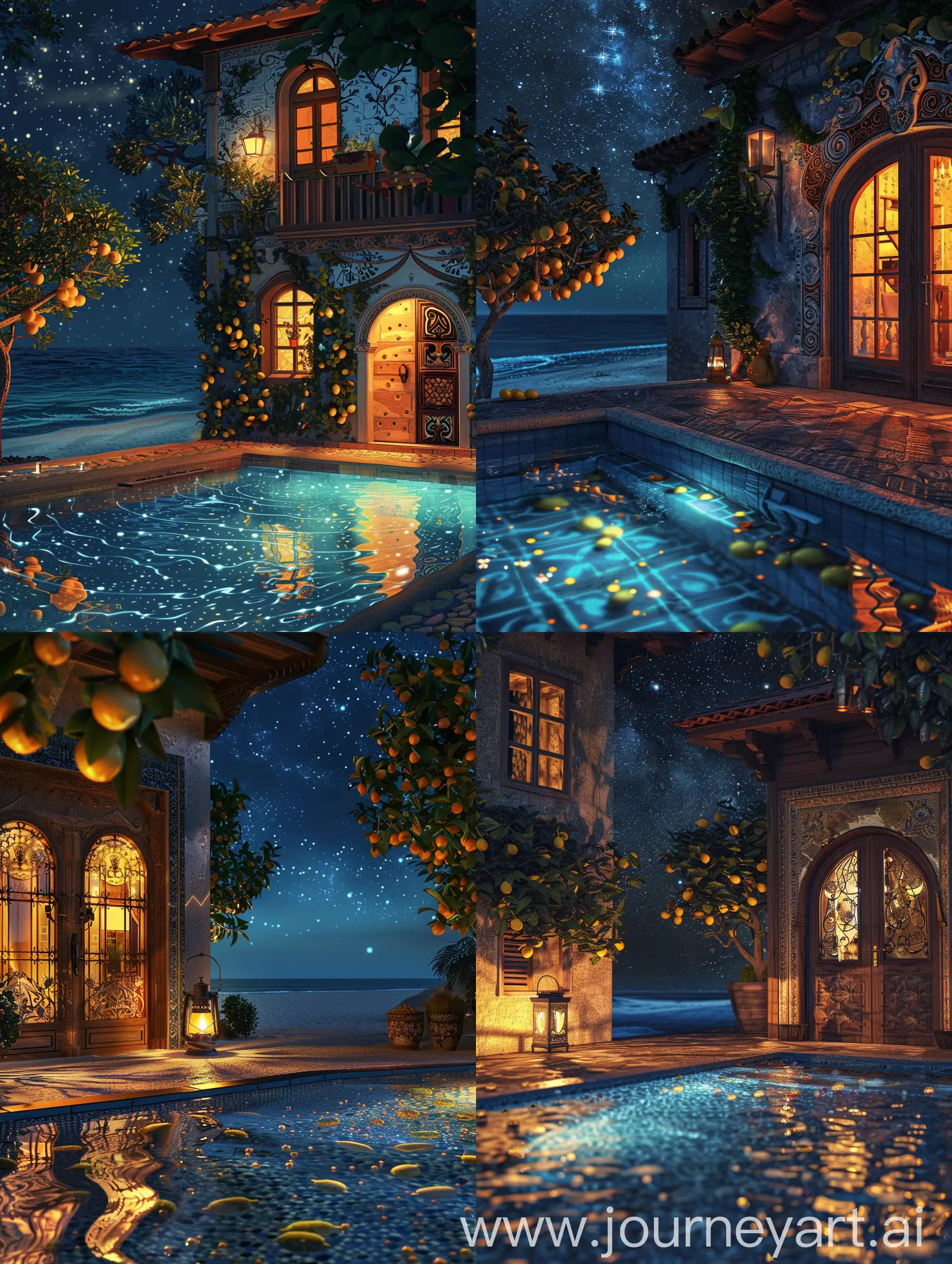 On a quiet, starry night, near a beach, there is a house, with a swimming pool and lemon trees.  The swimming pool reflects the stars, and the windows of the house are illuminated with warm lights indicating the presence of people living inside.  There is a lantern that illuminates the decorated wooden door of this house.