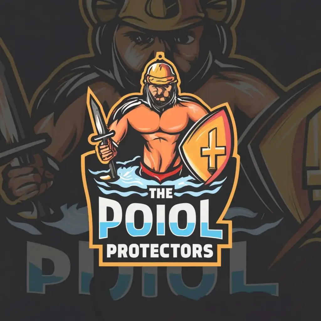 logo, a man in a pool, with shield and sword, with the text "The Pool Protectors", typography, be used in Finance industry