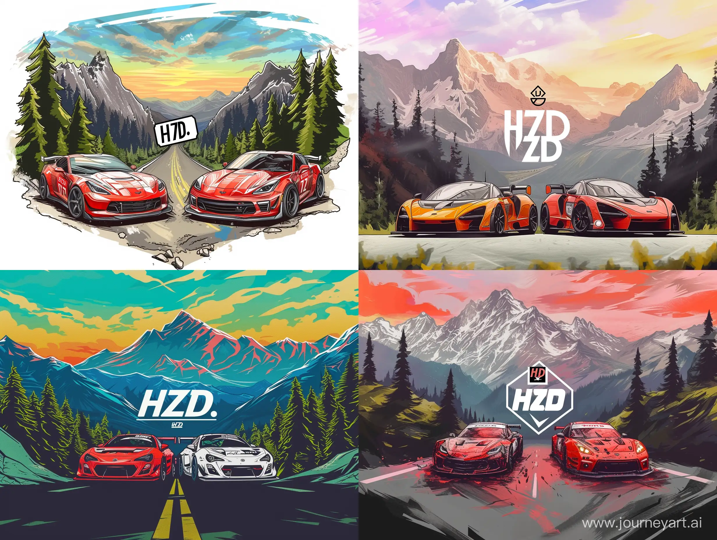 draw style car race logo, couple racing cars,
with HZD tag in the middle, mountains with trees with road in backround