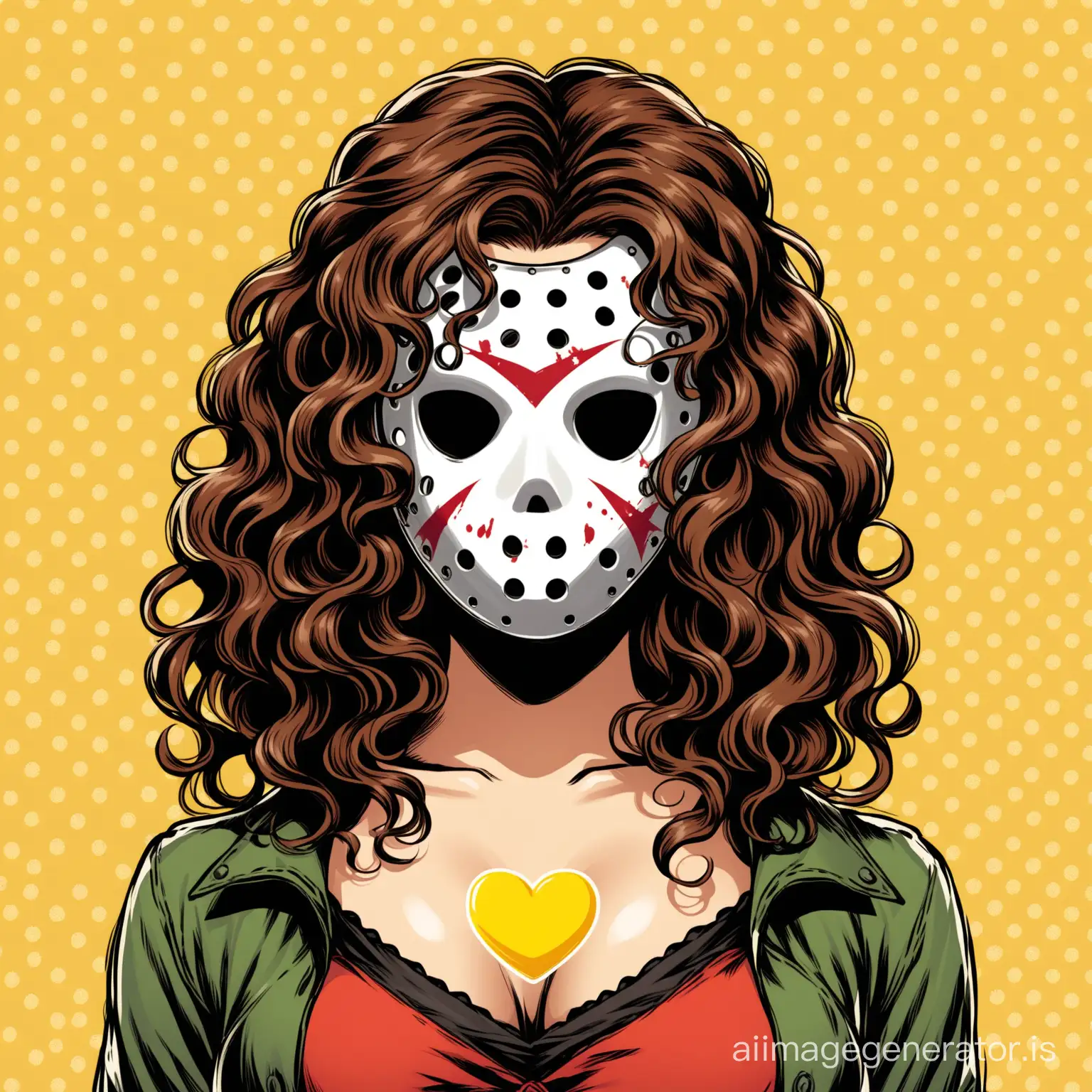 Brown curly hair lady with Jason Voorhees mask yellow heart background
