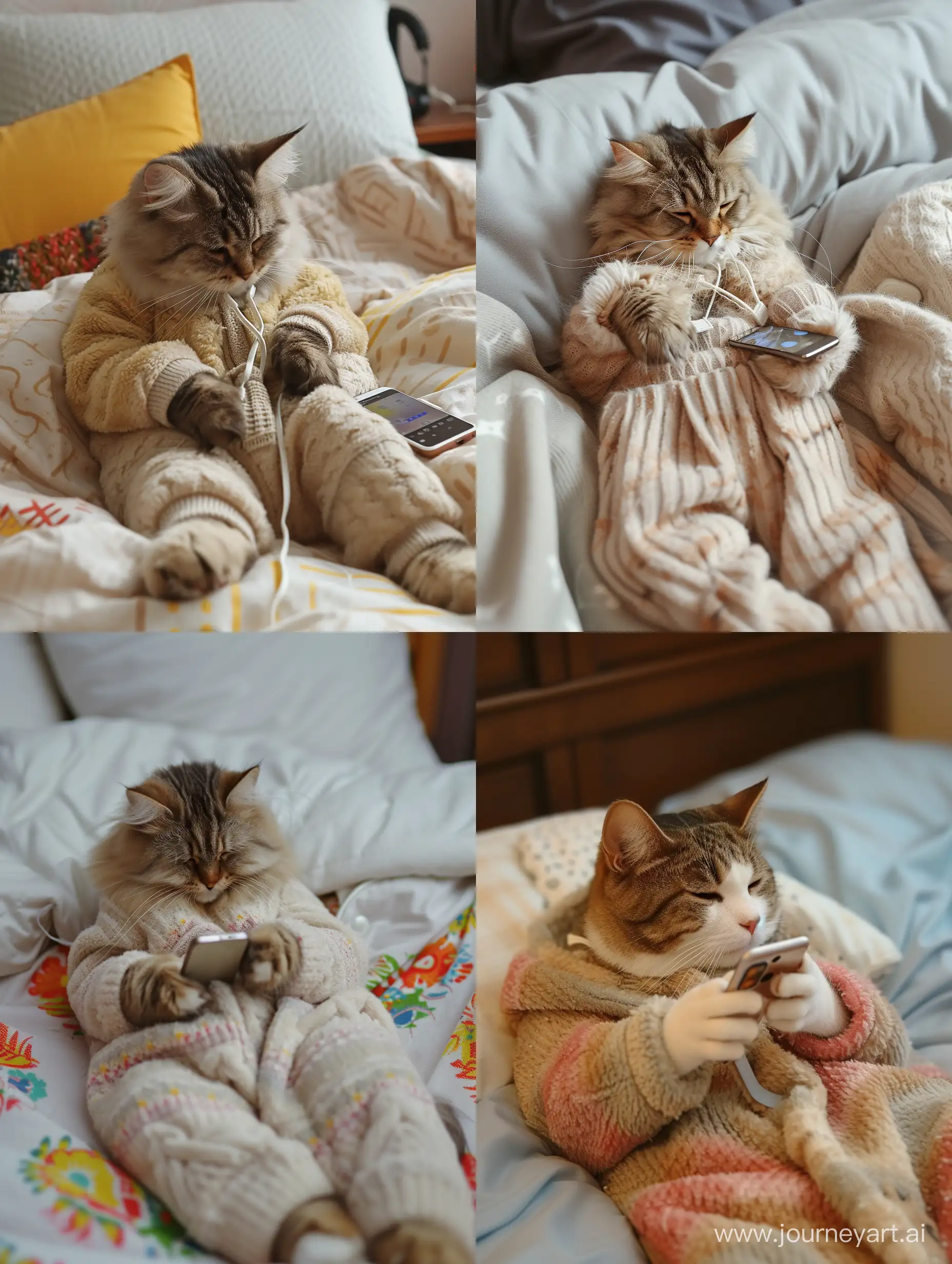 Cozy-Cat-in-Home-Attire-Engaged-with-Mobile-Phone