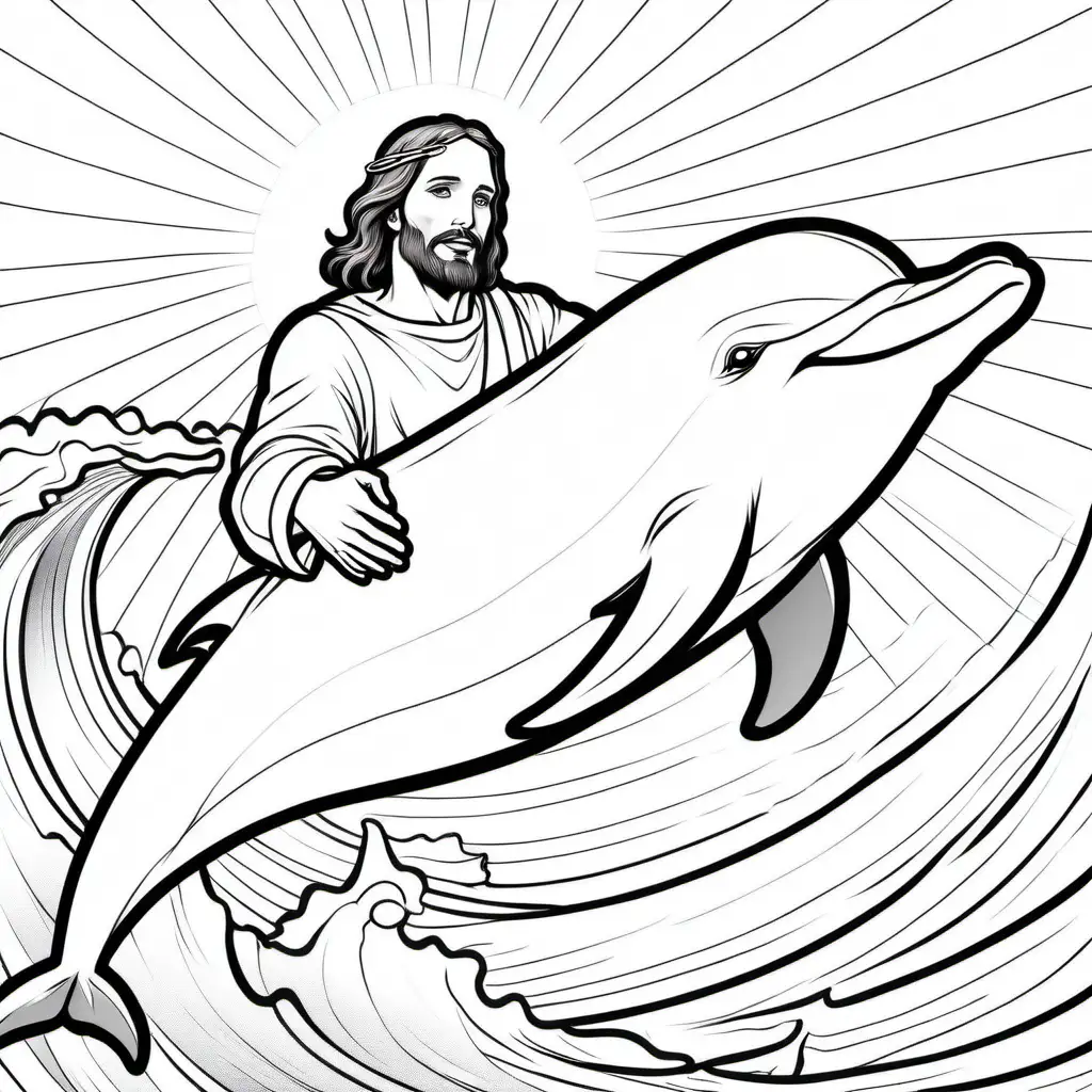 Jesus Christ Superhero Embracing a Dolphin in Coloring Book Illustration