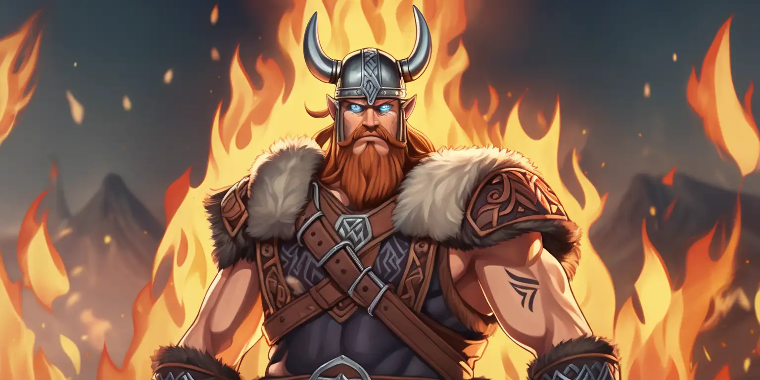 decorated rectangle border of a strong male viking in fire anime style in Valheim