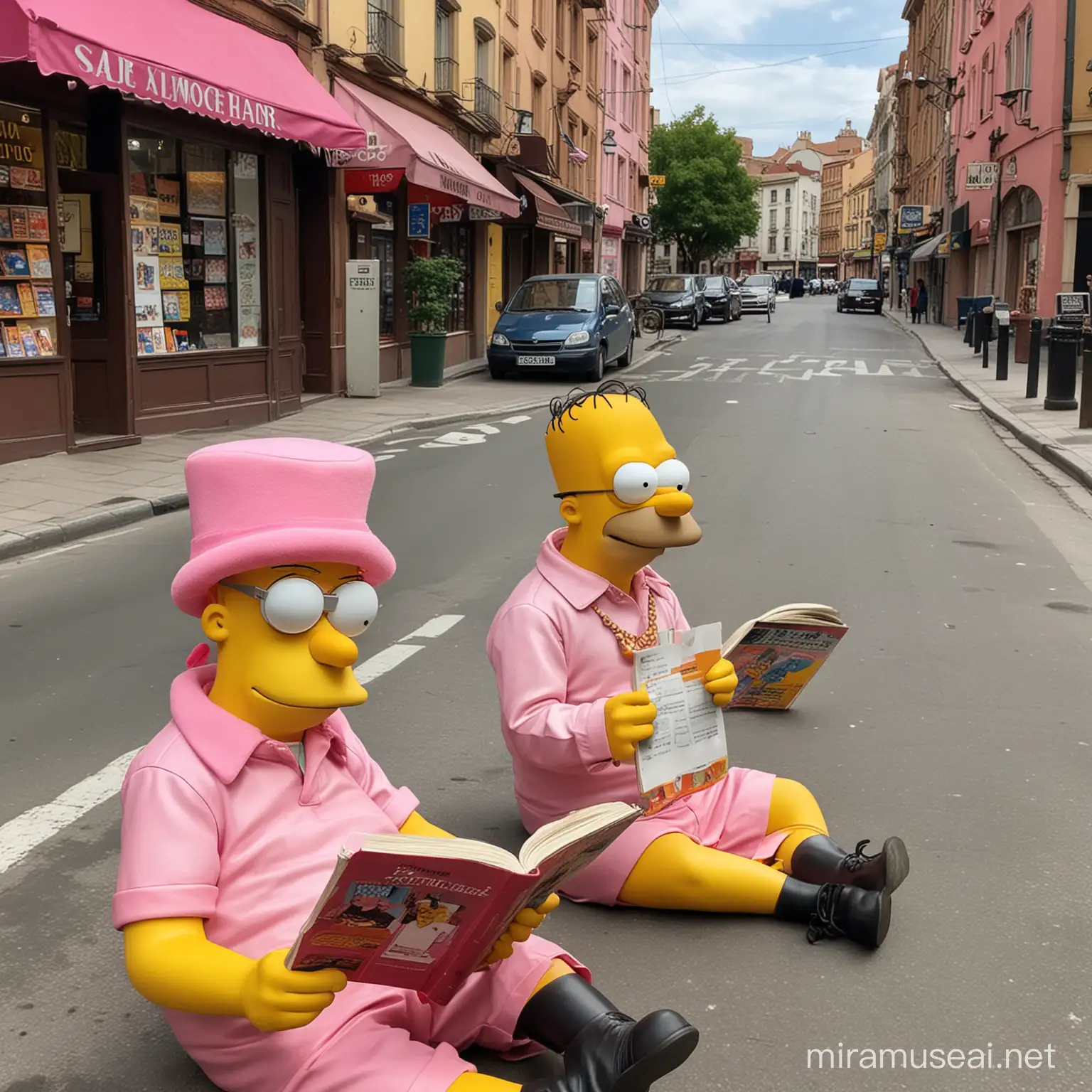 The Simpsons and the Pink Panther are reading on the street