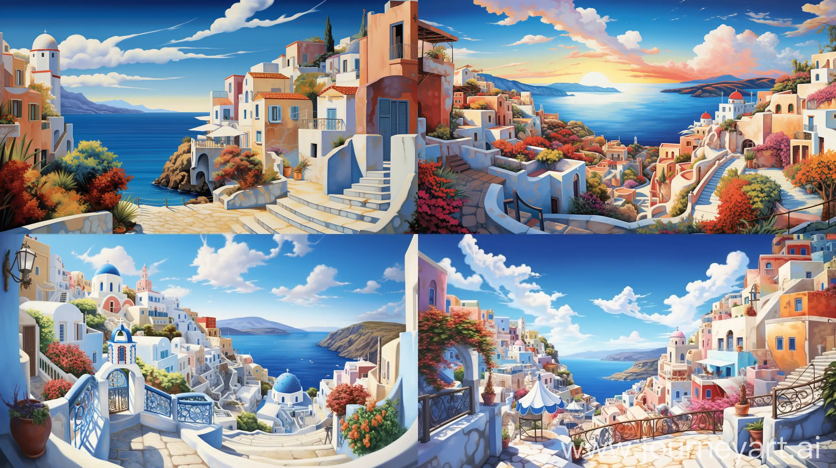 "urotopia" heading title, urotopia villas on the coast of greek island illustration, in the style of dreamy, romanticized cityscapes, cartoon realism, large-scale muralist, i can't believe how beautiful this is, realistic blue skies, contoured shading, bold chromaticity --ar 16:9 --v 5.2 --s 111 --q 2