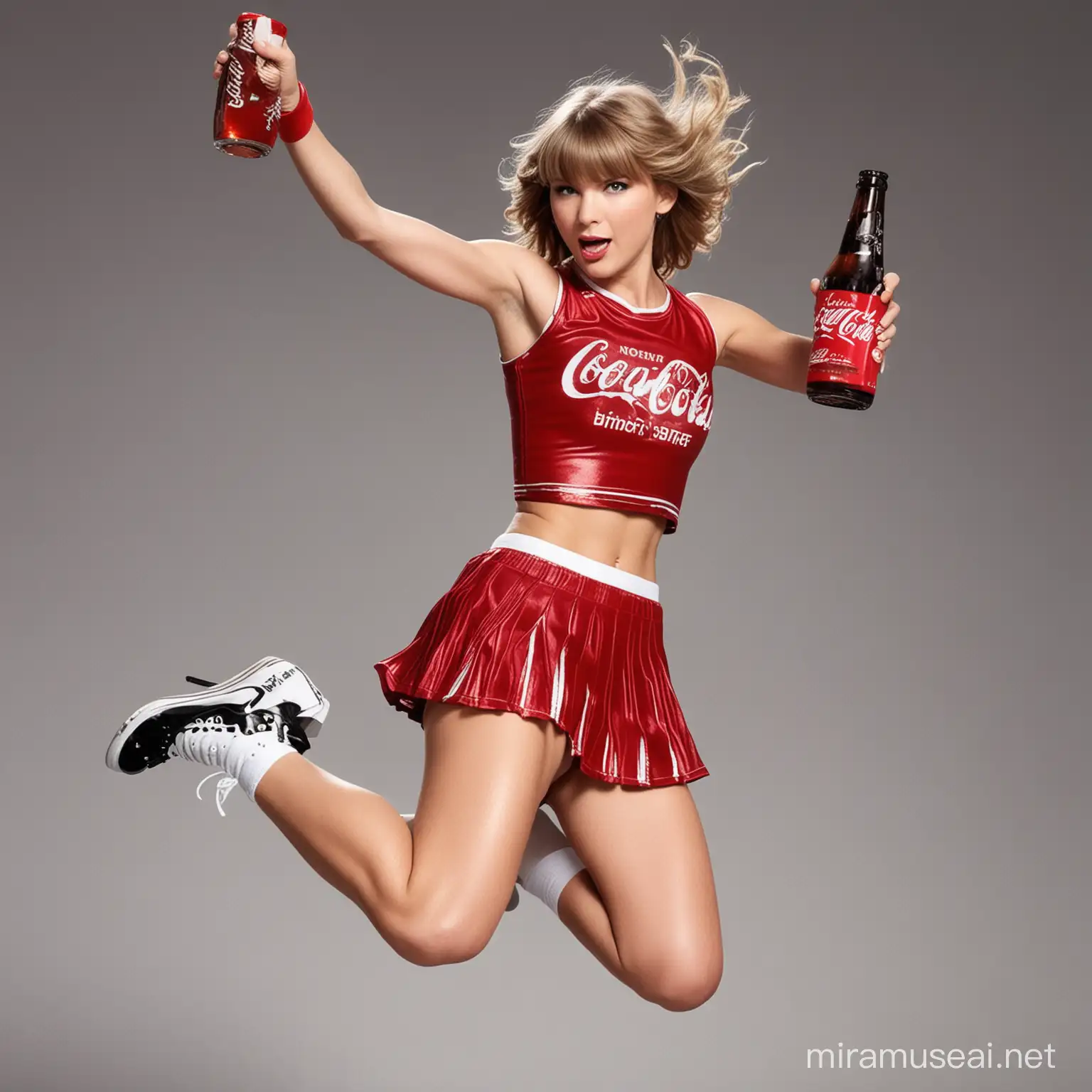 Cheerleader Taylor swift jumping in the air and drinking a coke