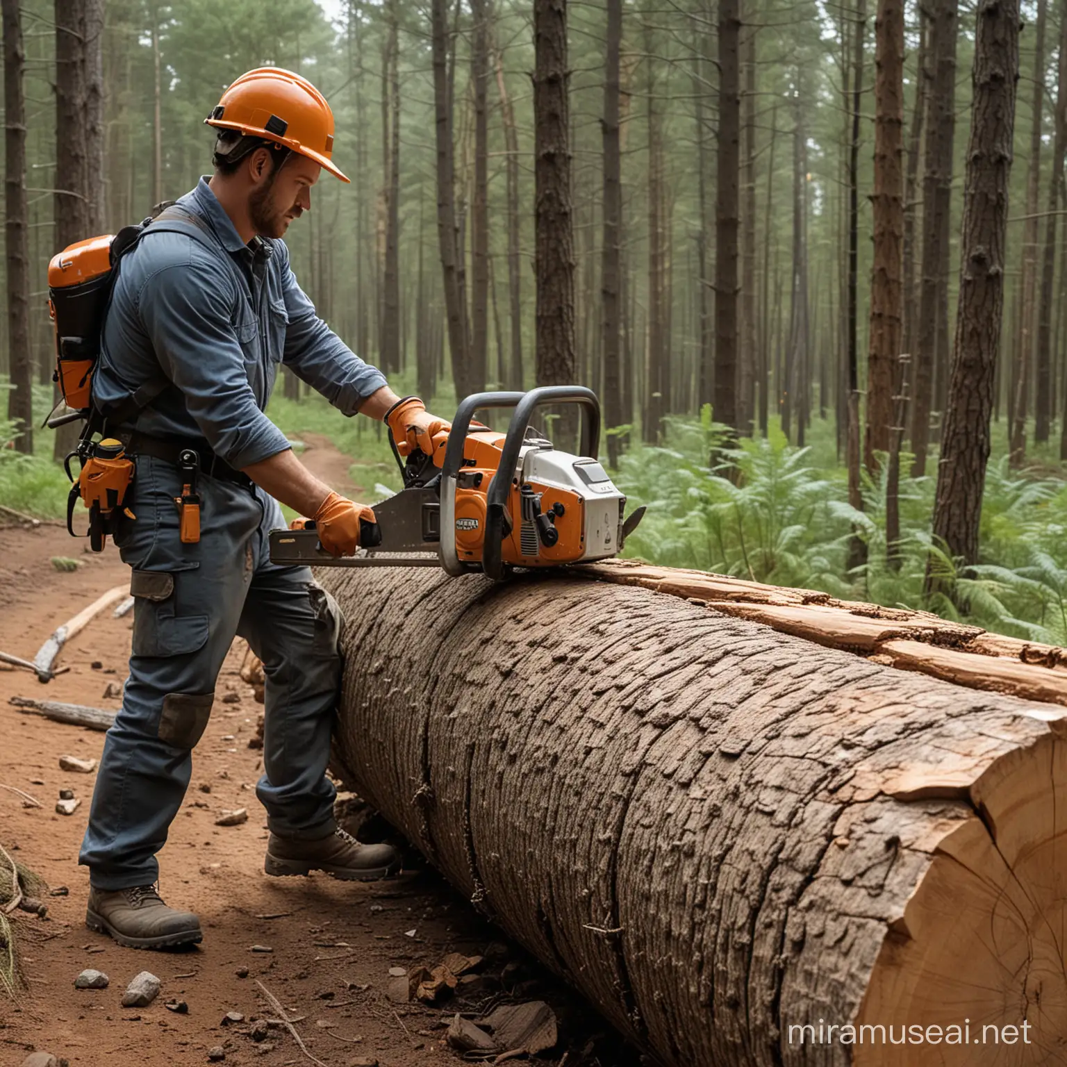 A chainsaw operator, back straight, two hands below shoulder level standing weight on one straight leg and one knee bent, crosscutting a huge log in the forest.