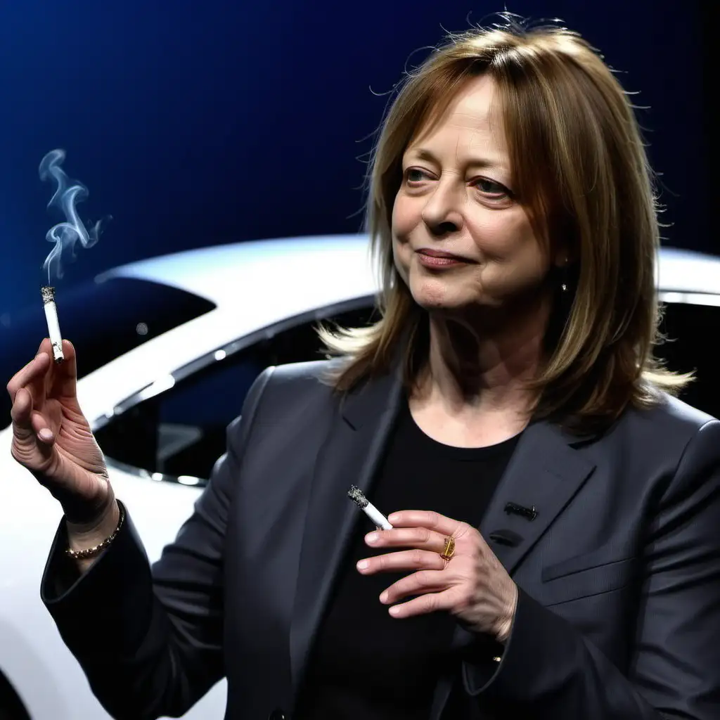 show mary barra smoking many cigarettes with an EV1 and 200 million dollars