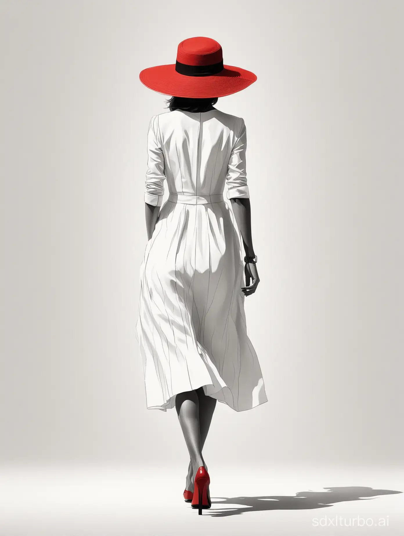 A woman in an elegant white dress and red hat walks along the runway, her silhouette outlined with bold lines against a clean background. The minimalist style captures every detail of her figure with simple shapes and clear lines, creating a sense of sophistication that resonates across all art forms. High resolution. Black line illustration in the style of on White Background.