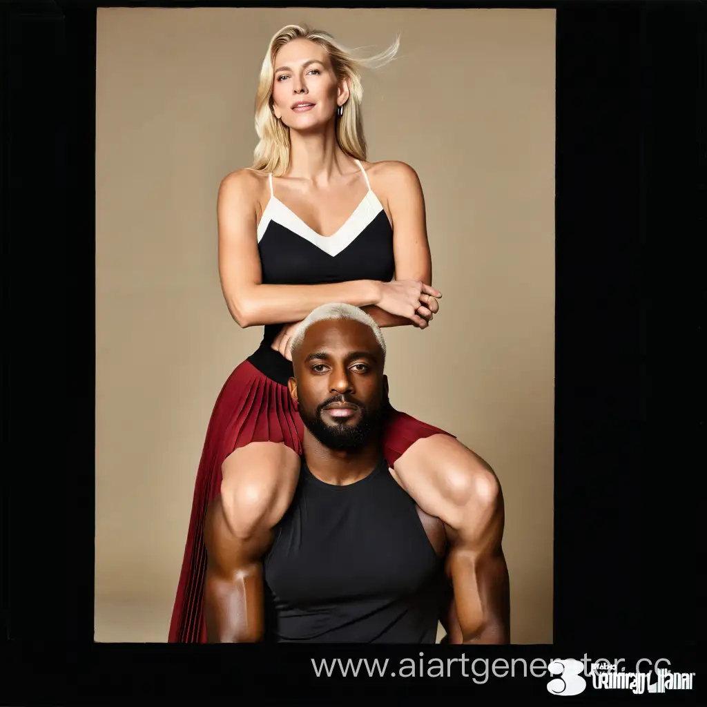 Tall Strong blonde white woman wearing pleated skirt sitting on shoulders of a black man