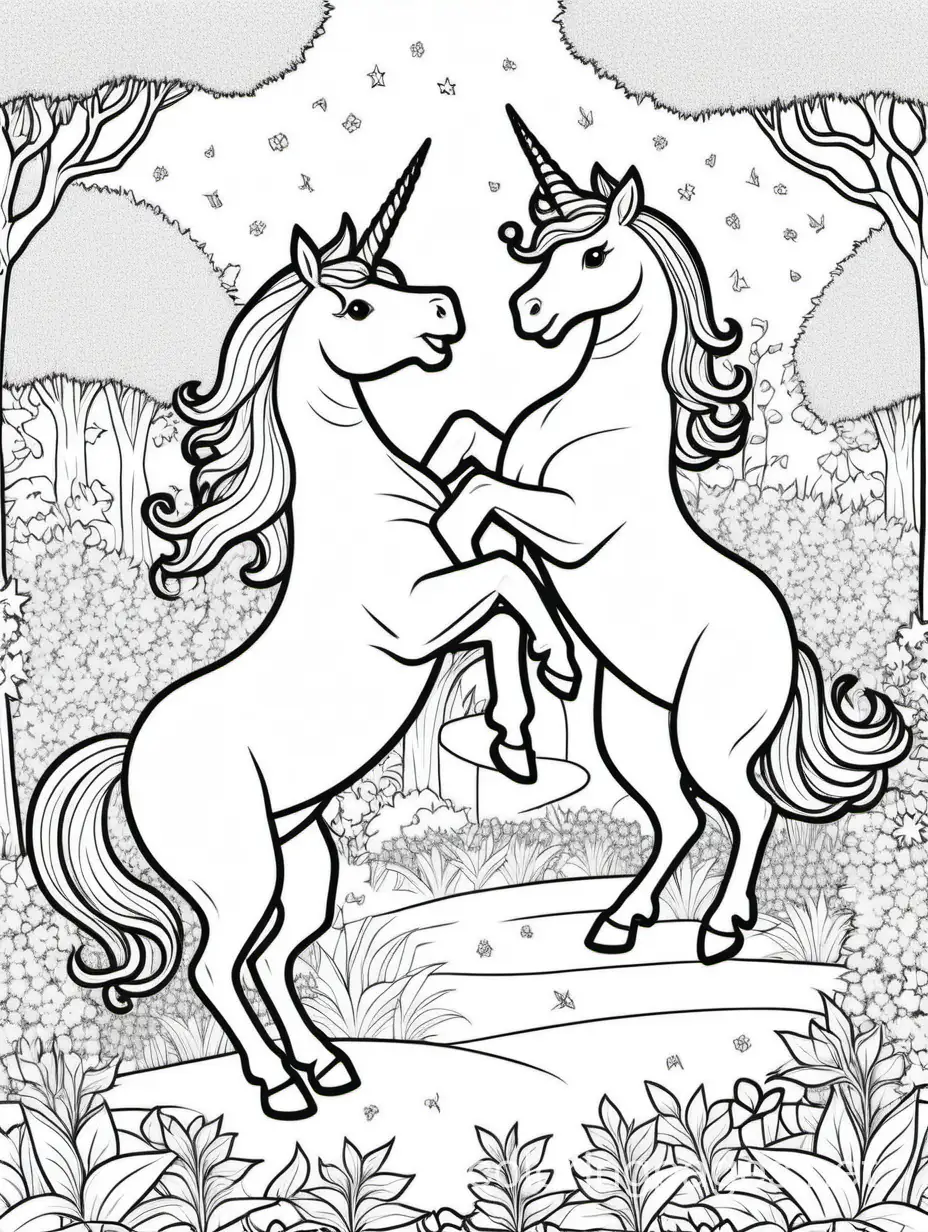 Unicorns dancing in a garden, Coloring Page, black and white, line art, white background, Simplicity, Ample White Space. The background of the coloring page is plain white to make it easy for young children to color within the lines. The outlines of all the subjects are easy to distinguish, making it simple for kids to color without too much difficulty