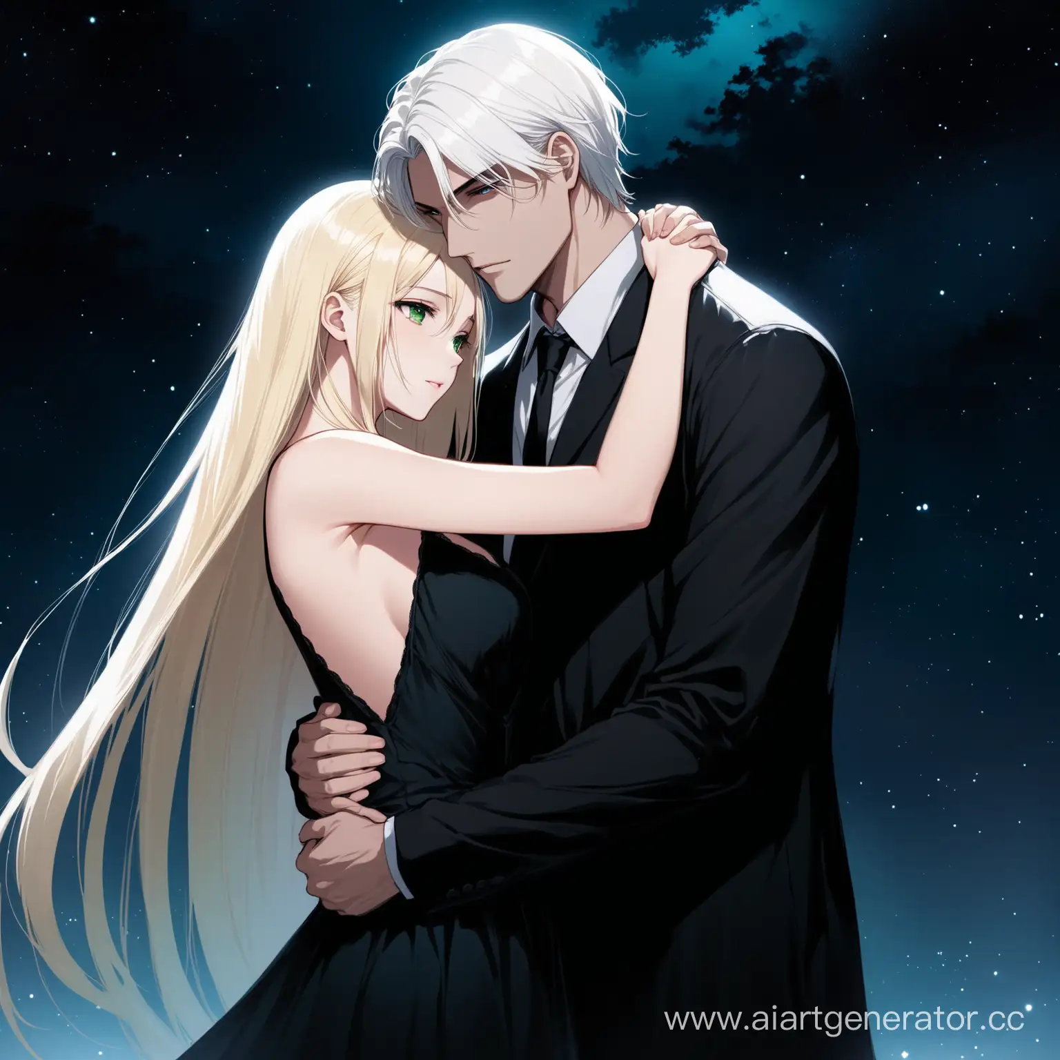 a beautiful girl, long blonde straight hair, green eyes, a very tall guy is clinging to her, he has short white hair and black eyes, they are both reddened, he holds her hands, the night atmosphere