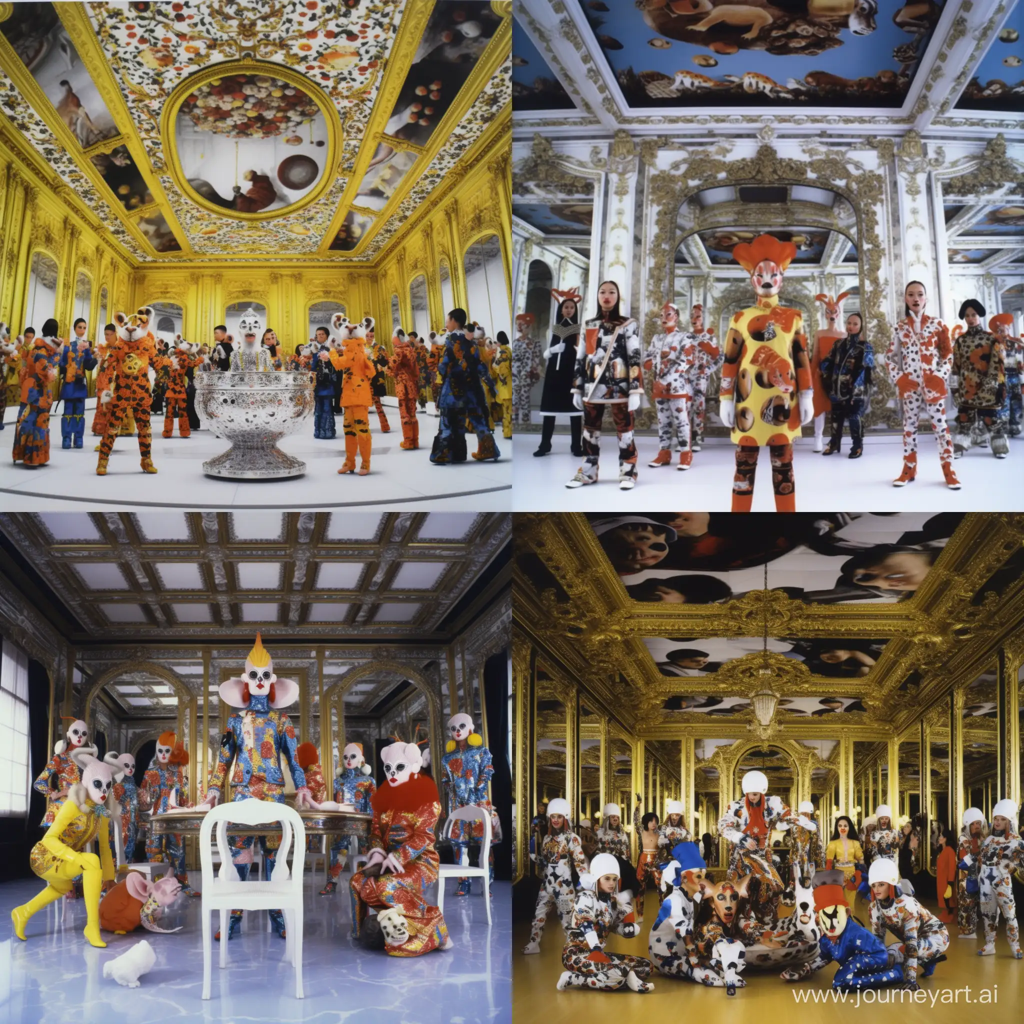 In a large reverse reflective white opposite palace museum room frankfurter sausage bananas with plastic vinyle gorgeous fashion models perfect faces dancing for attacking the glossy colored clay mushrooms bones and hairy chimera animals with scales, by Damien Hirst, Alice, William Klein, jean paul goude, pinocchio, Bioman, thierry mugler, shining, Jake et Dinos Chapman, Chris Cunningham, david lachapelle, Jheronimus Bosch, hyperrealism photography, extremely detailed, leather, octane render, lumen render, cinematic, 32K --q 2 --s 750 --v 5