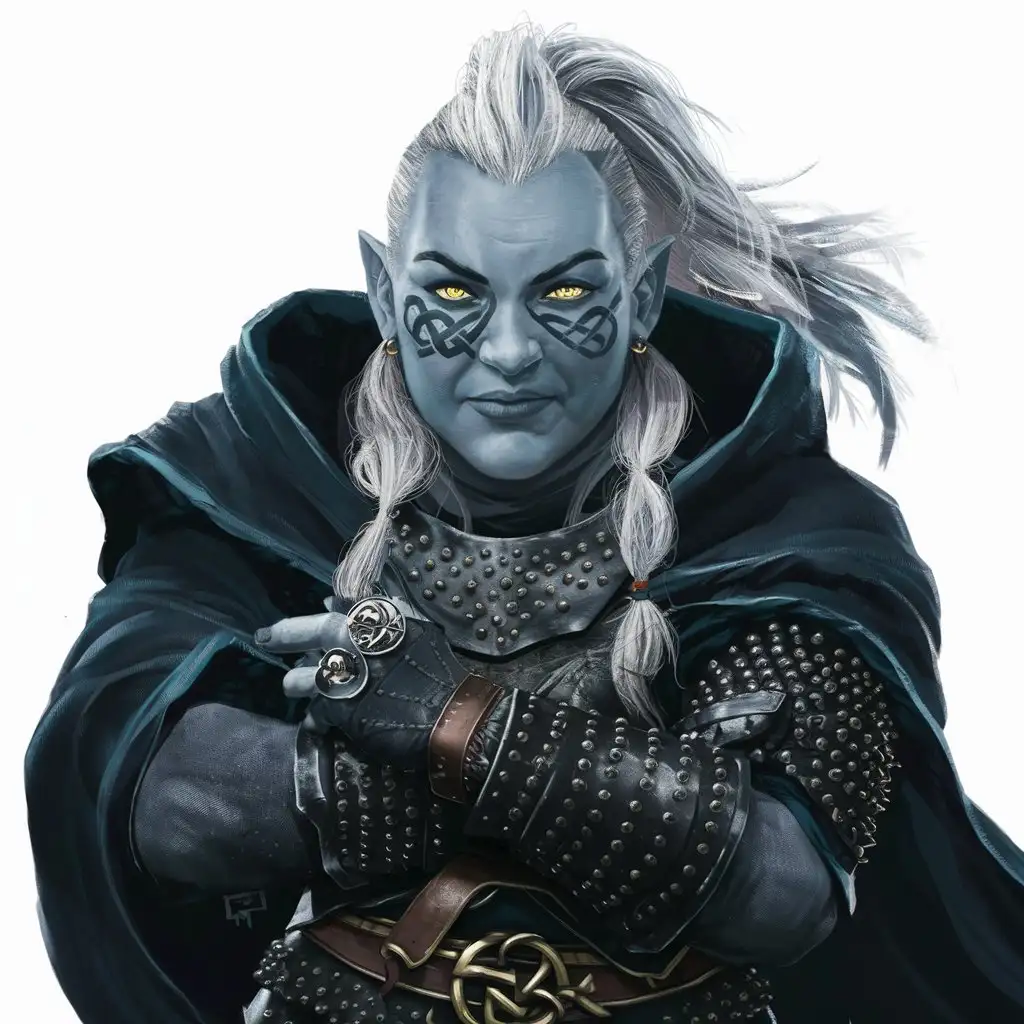 a female short dwarf with gray skin and yellow eyes. She has dark under eye circles. . She has a celtic face tattoo. The hair is white in a mohawk ponytail. She is strong She is wearing a black studded leather armor with a dark cloak. on her finger she wears a magic ring with a compartment.
